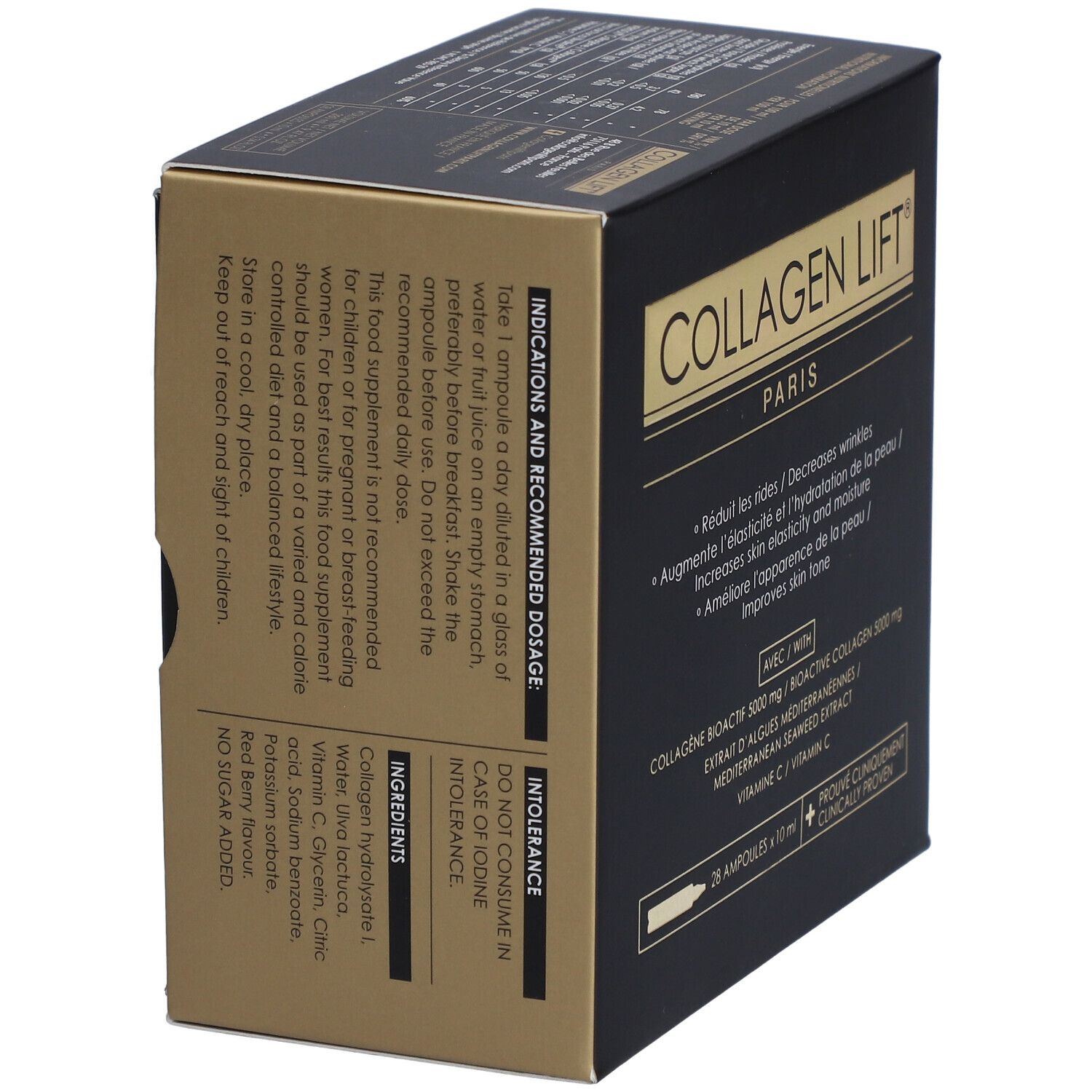 Boîte noire et dorée. Inscription: Collagen Lift Paris. Contient 28 ampoules x 10 ml. Cliniquement prouvé.