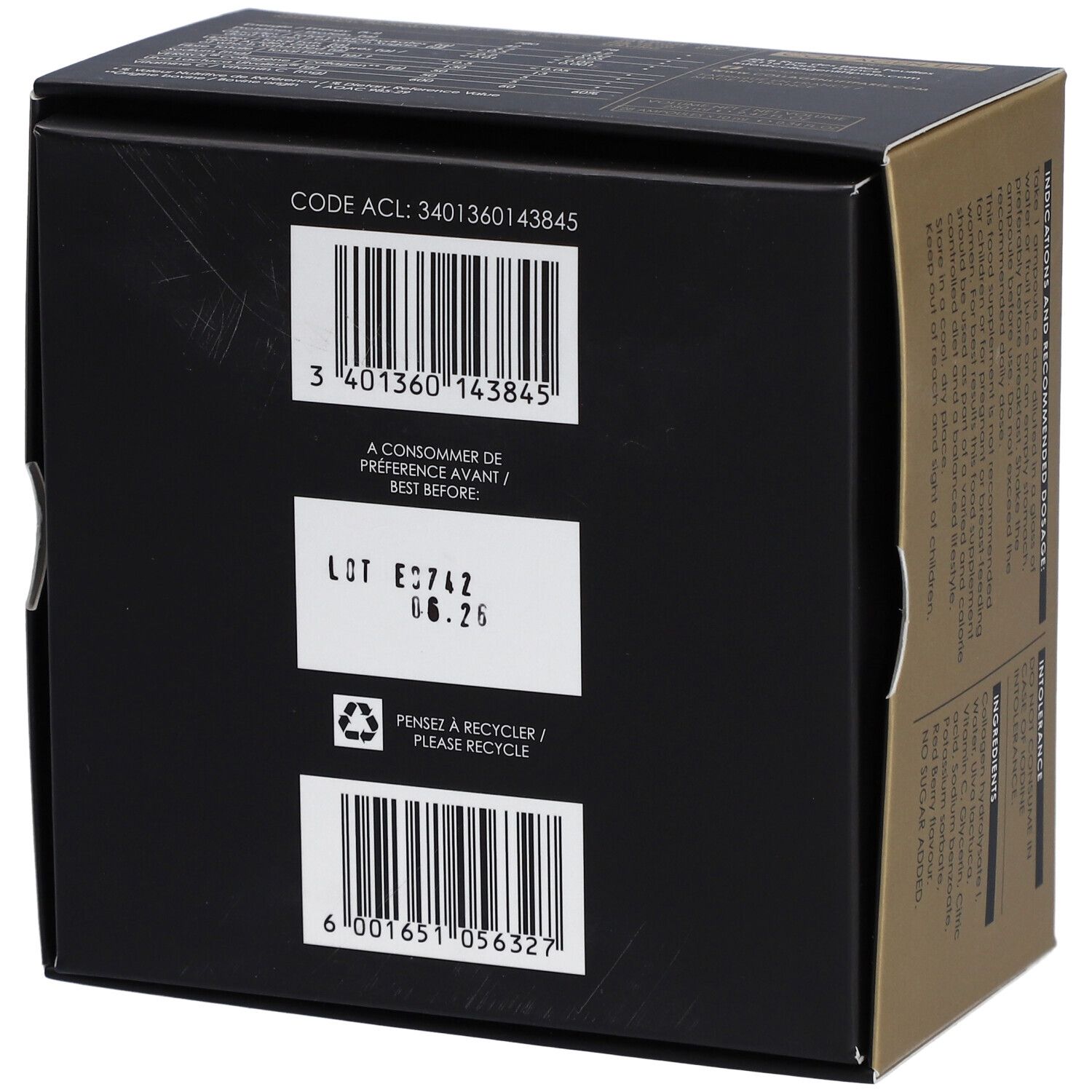 Boîte noire et dorée. Inscription: Collagen Lift Paris. Contient 28 ampoules x 10 ml. Cliniquement prouvé.