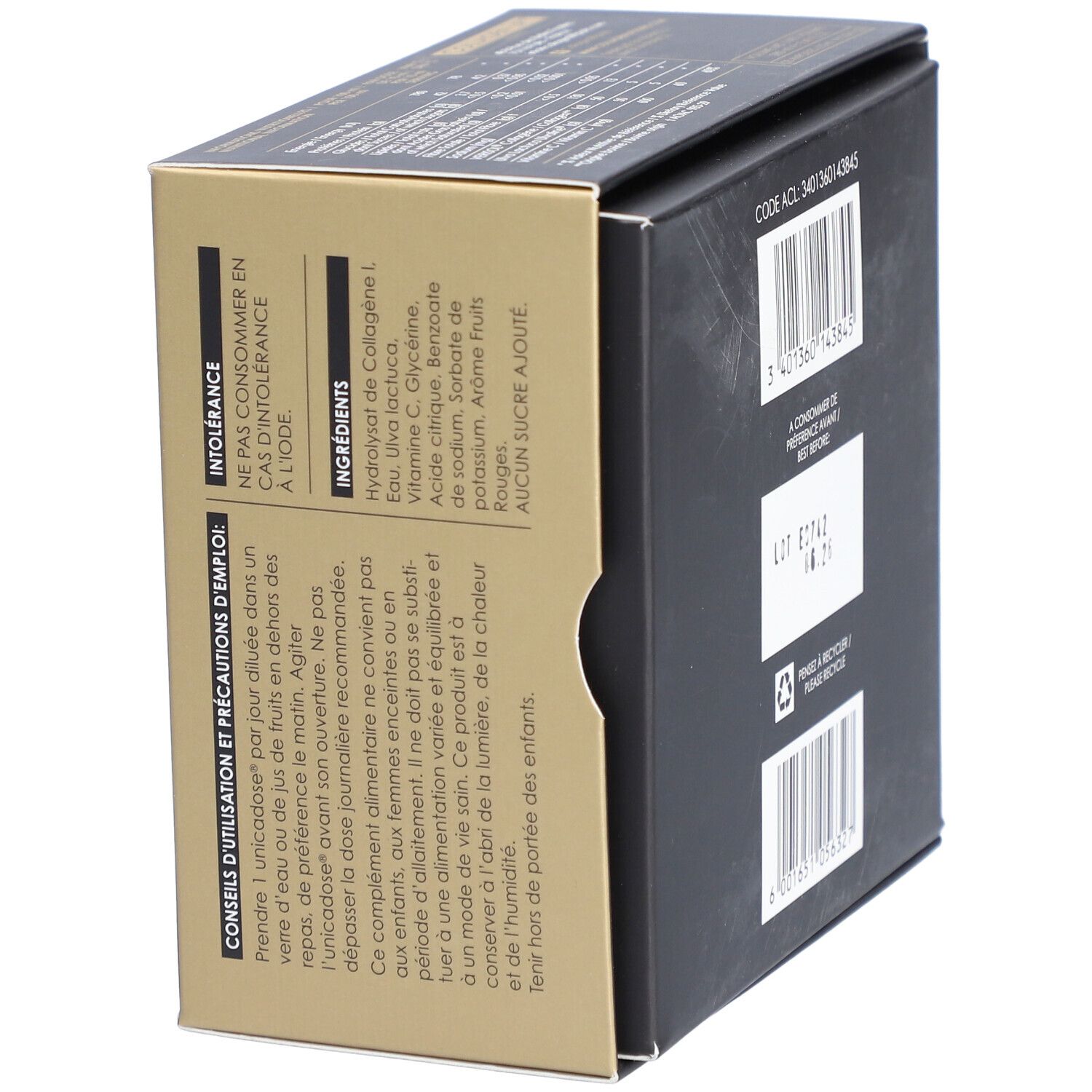 Boîte noire et dorée. Inscription: Collagen Lift Paris. Contient 28 ampoules x 10 ml. Cliniquement prouvé.
