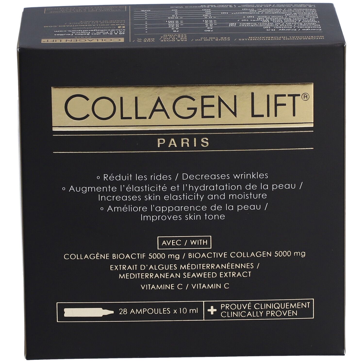 Boîte noire et dorée. Inscription: Collagen Lift Paris. Contient 28 ampoules x 10 ml. Cliniquement prouvé.