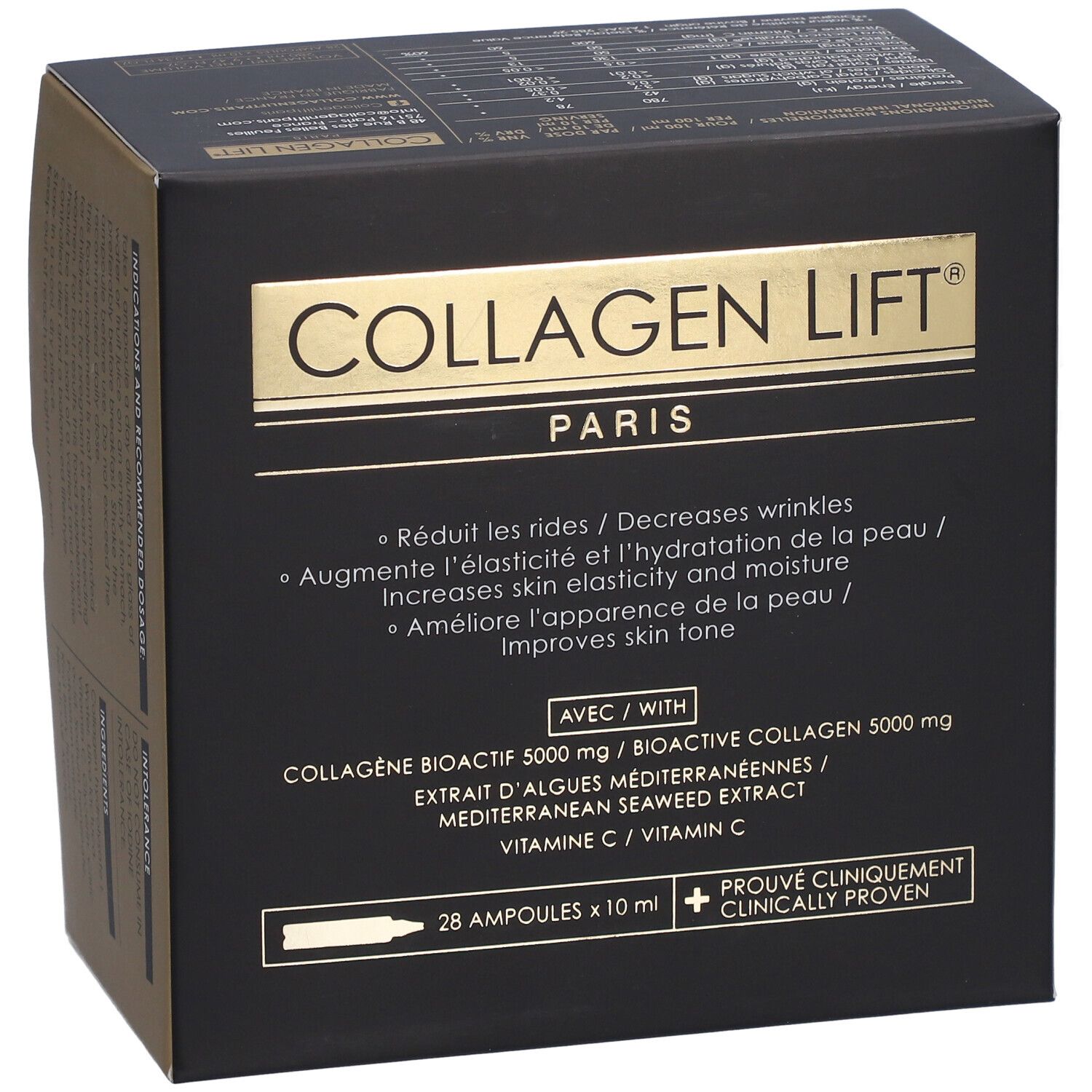 Boîte noire et dorée. Inscription: Collagen Lift Paris. Contient 28 ampoules x 10 ml. Cliniquement prouvé.