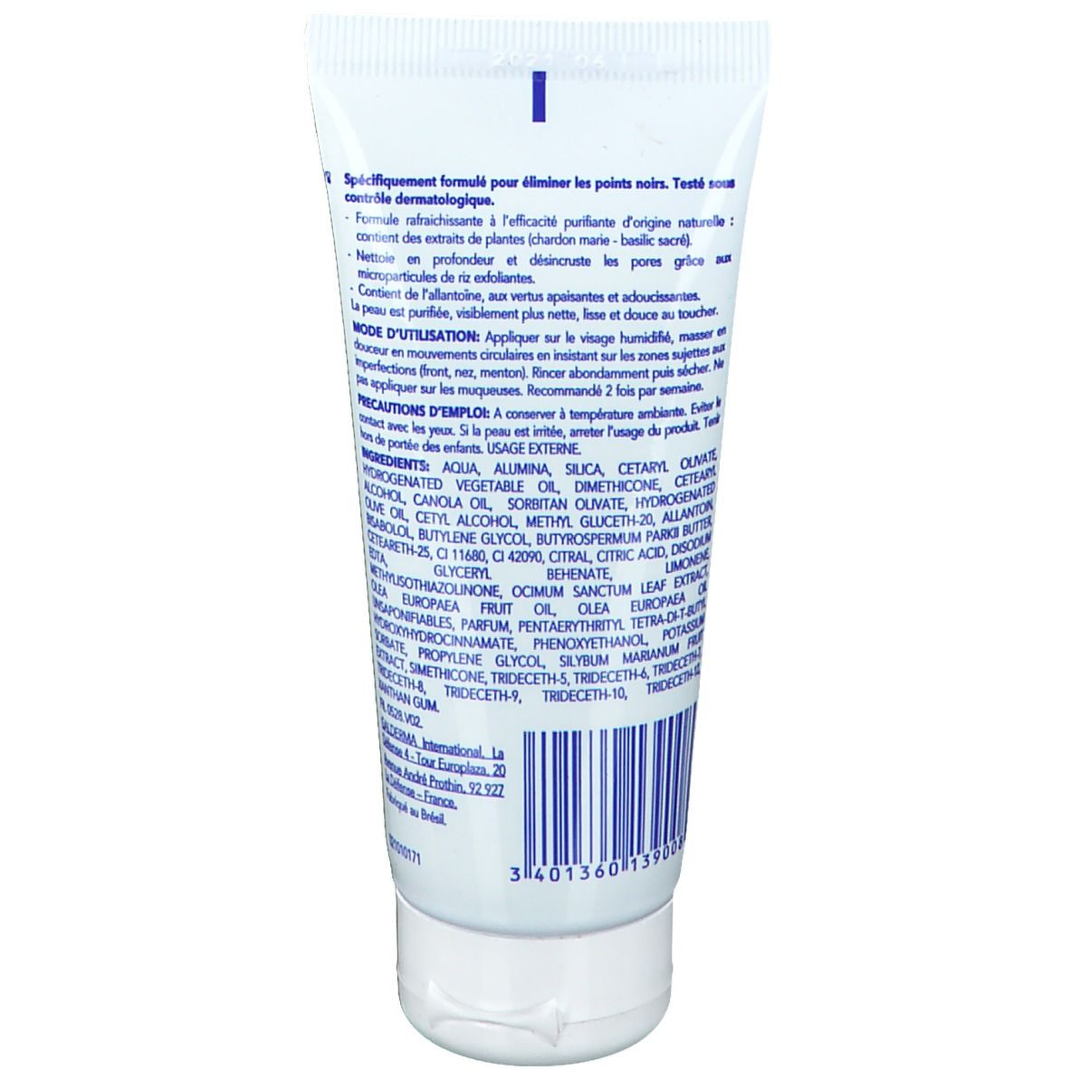 Tube blanc avec texte bleu. Ingrédients et instructions en français. Code-barres en bas. Produit cosmétique.