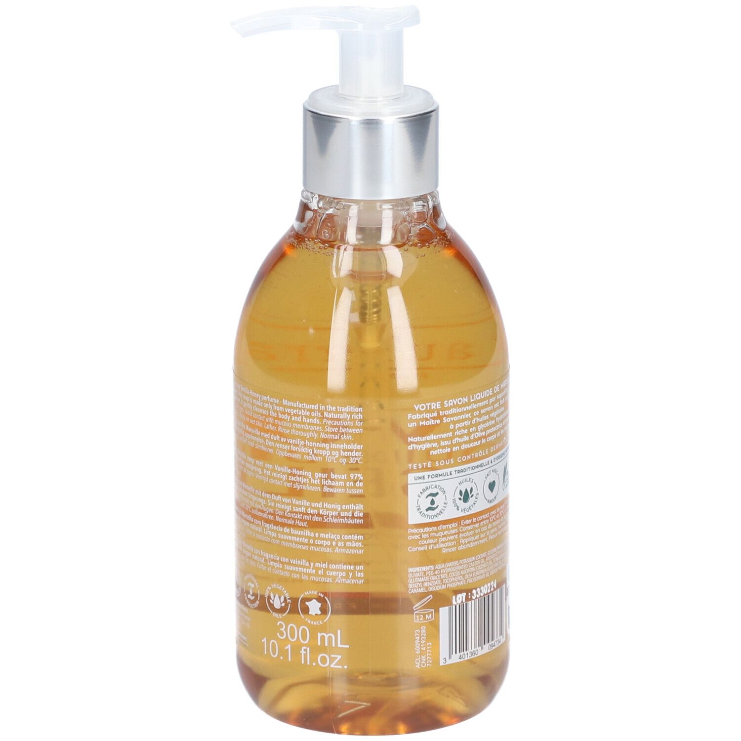 Achteraanzicht van de vloeibare zeepfles. Opschrift: 300 ml, 10.1 fl.oz. Tekst en logo's. Gemaakt in Frankrijk.