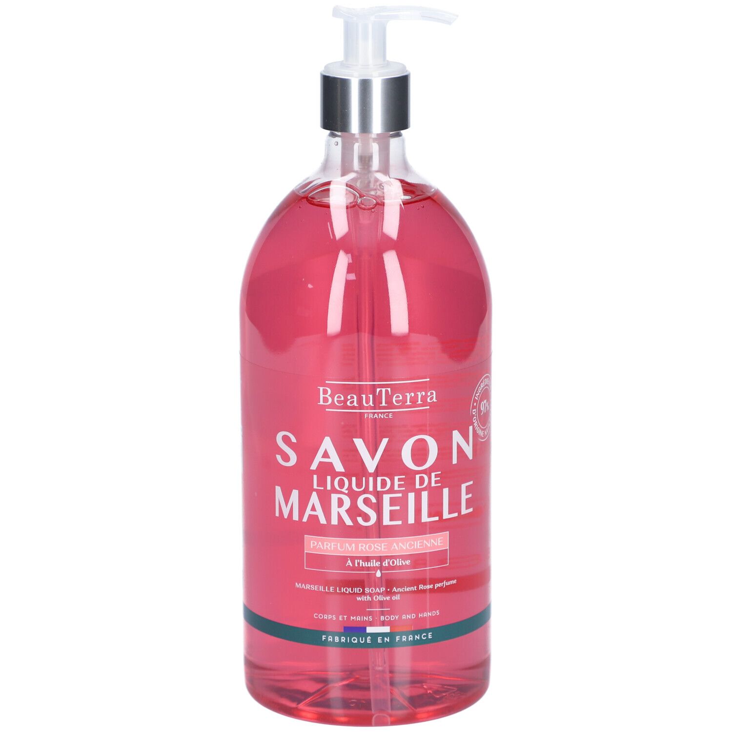 Transparante vloeibare zeep met pomp. Opschrift: Savon Liquide de Marseille. Parfum Rose Ancienne.