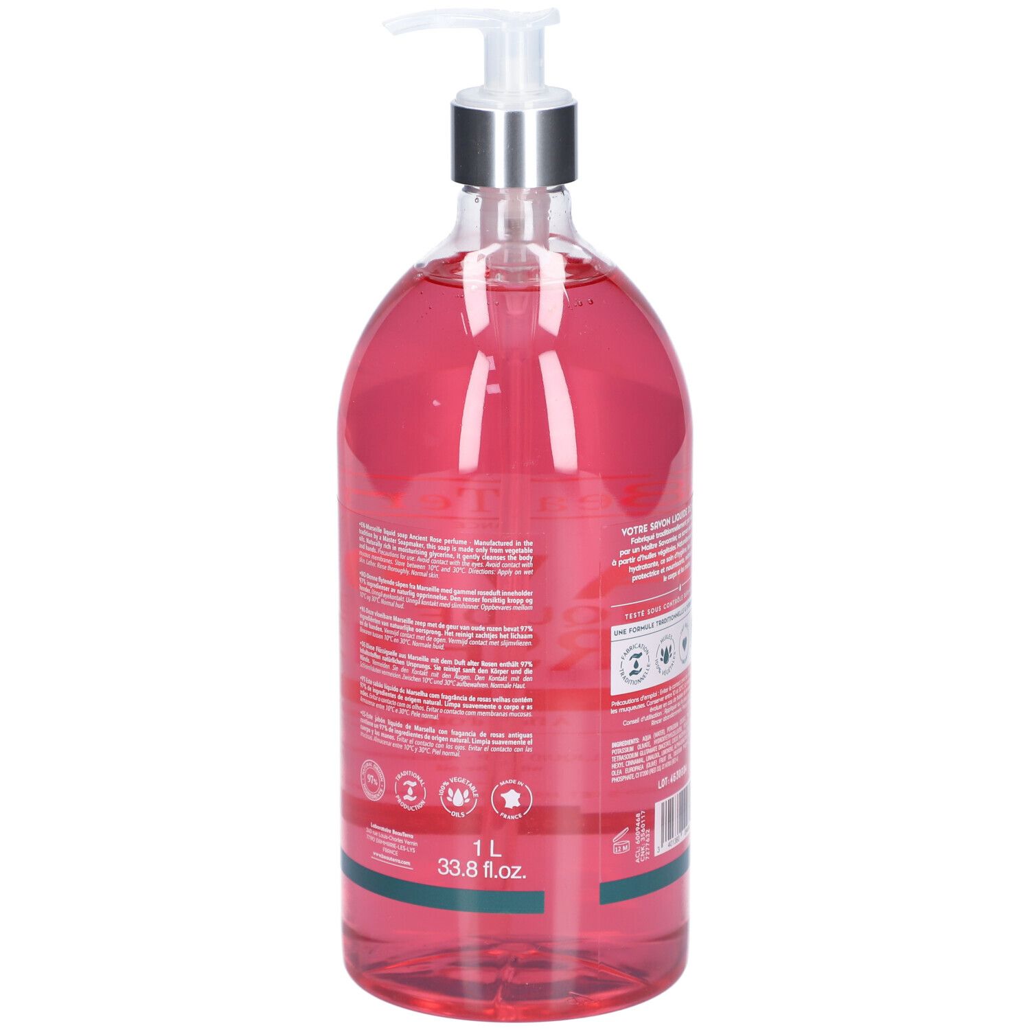 Achteraanzicht van de vloeibare zeepfles. Tekst en logo's. 1L en 33.8 fl.oz. onderaan.