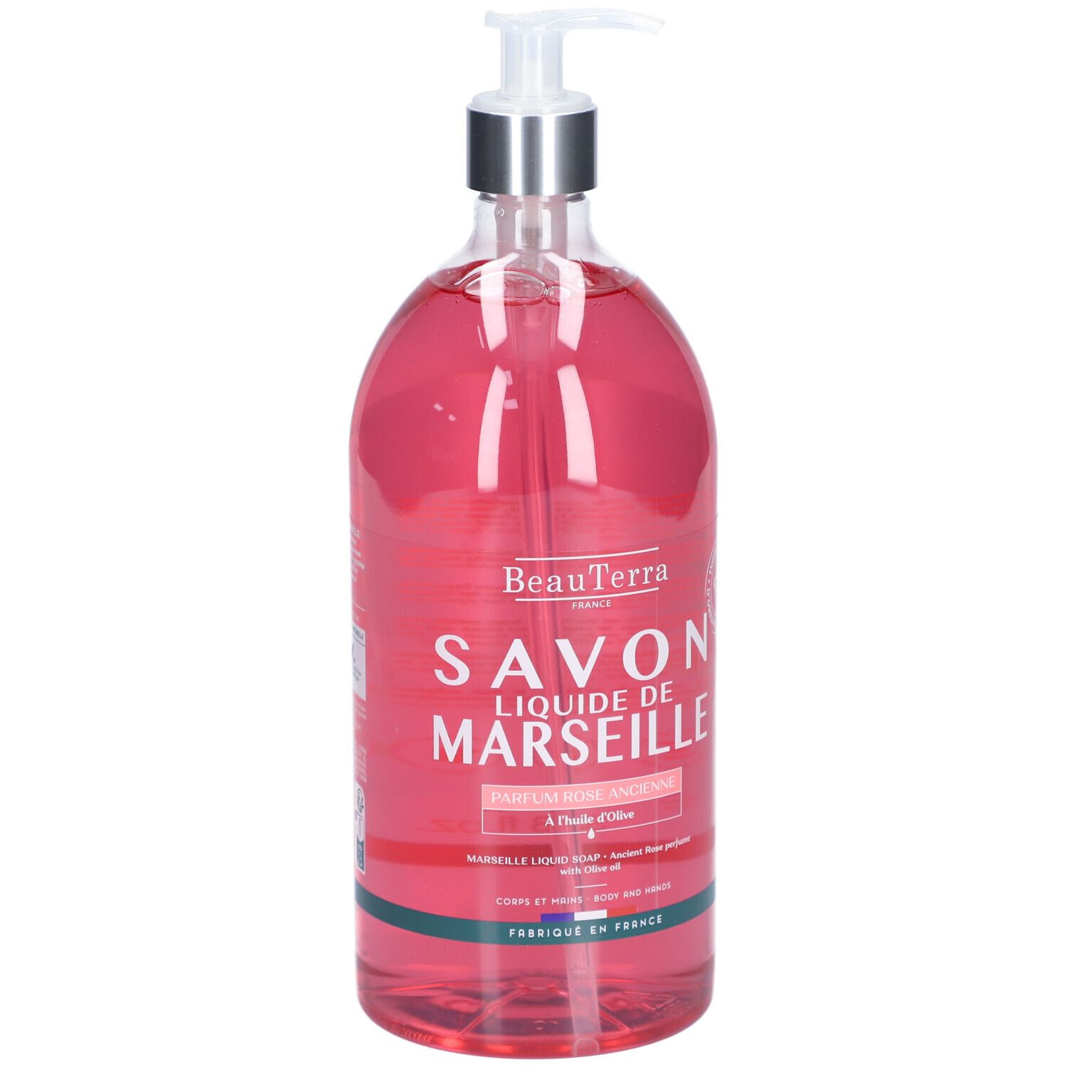 Transparante vloeibare zeep met pomp. Opschrift: Savon Liquide de Marseille. Parfum Rose Ancienne.