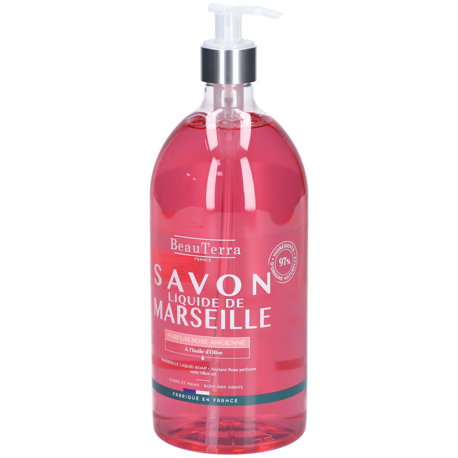 Transparante vloeibare zeep met pomp. Opschrift: Savon Liquide de Marseille. 97% ingrediënten van natuurlijke oorsprong.