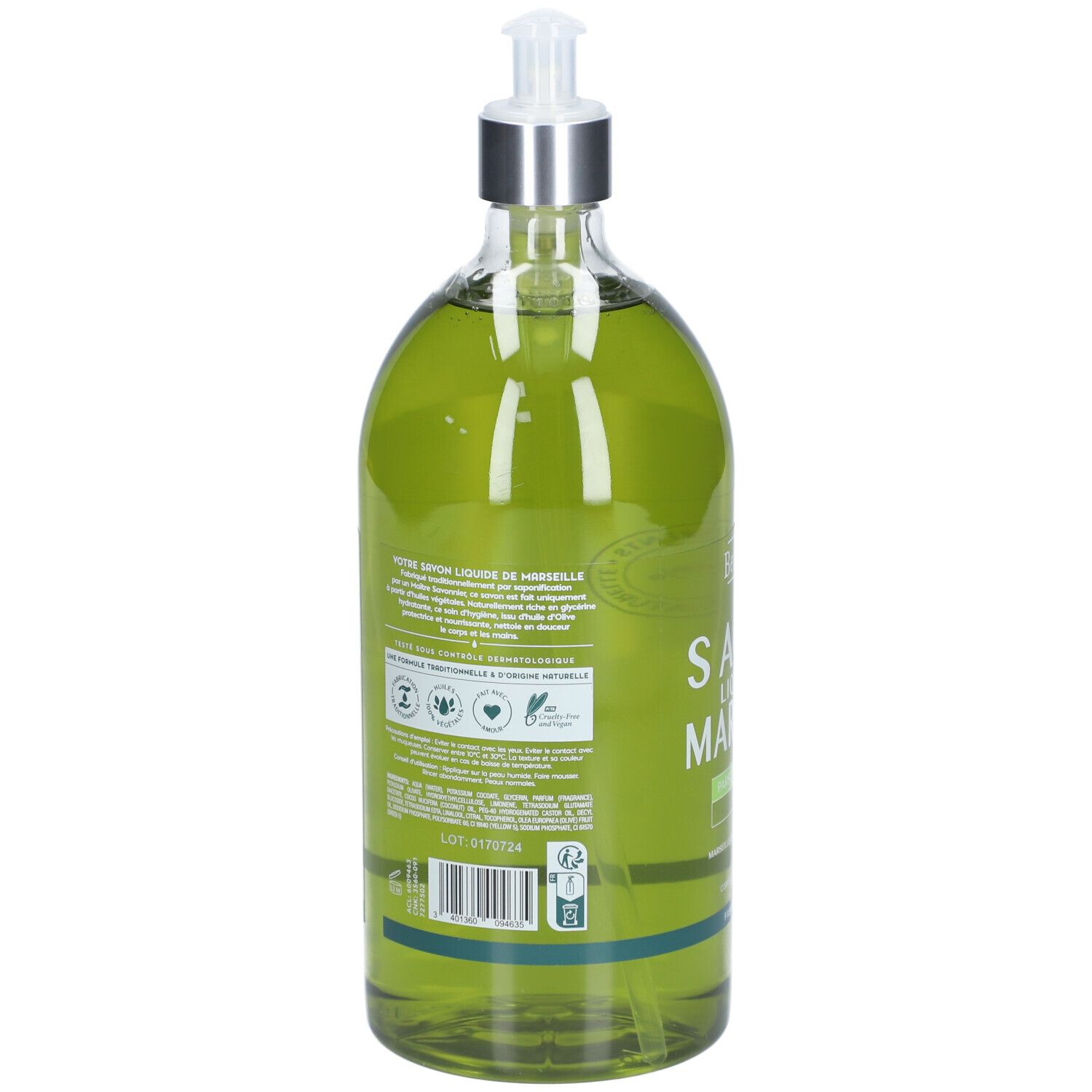 Dos du flacon de savon liquide. Texte et logos. Bandes vertes et bleues en bas.