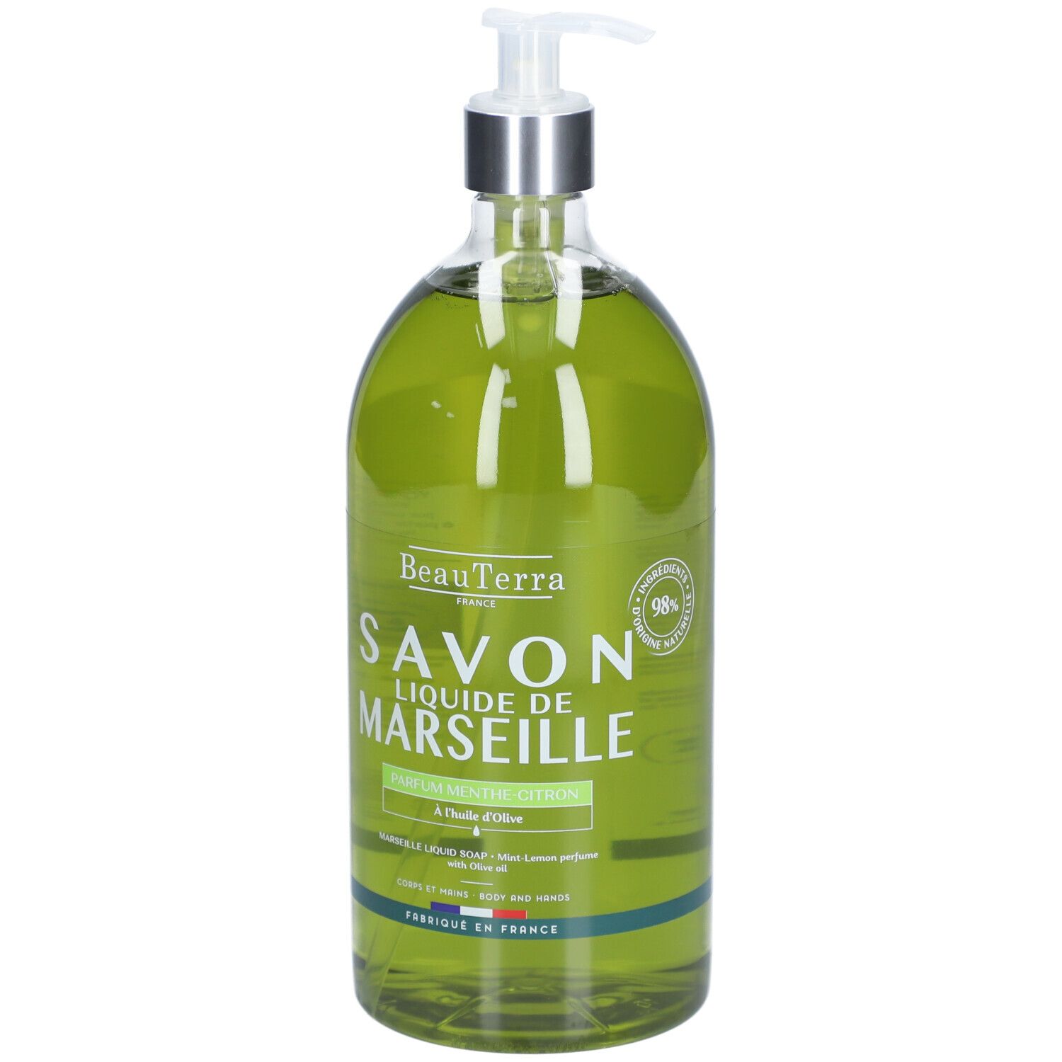 Savon liquide vert en flacon transparent avec pompe. Inscription: Savon Liquide de Marseille. 98% ingrédients naturels.