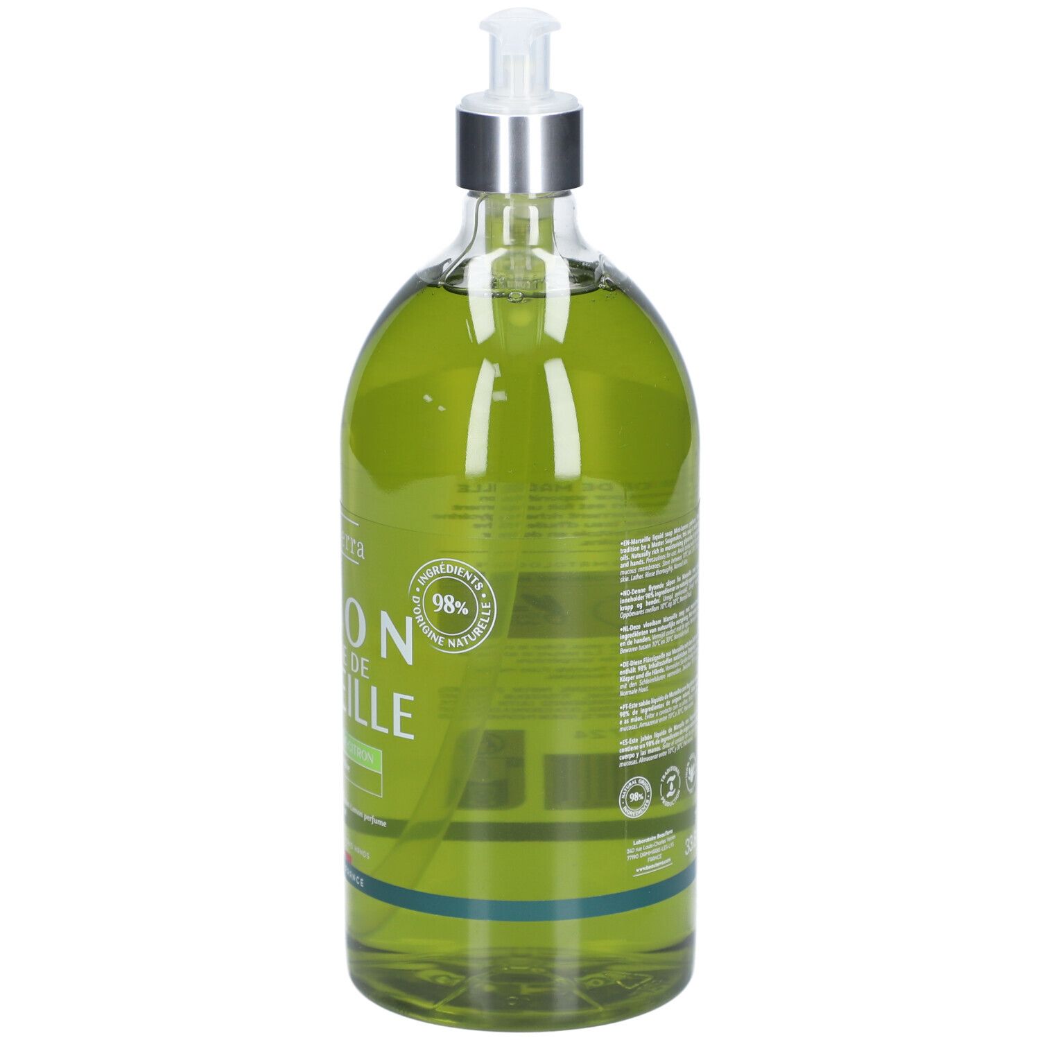 Dos du flacon de savon liquide. Texte et logos. 98% ingrédients naturels.