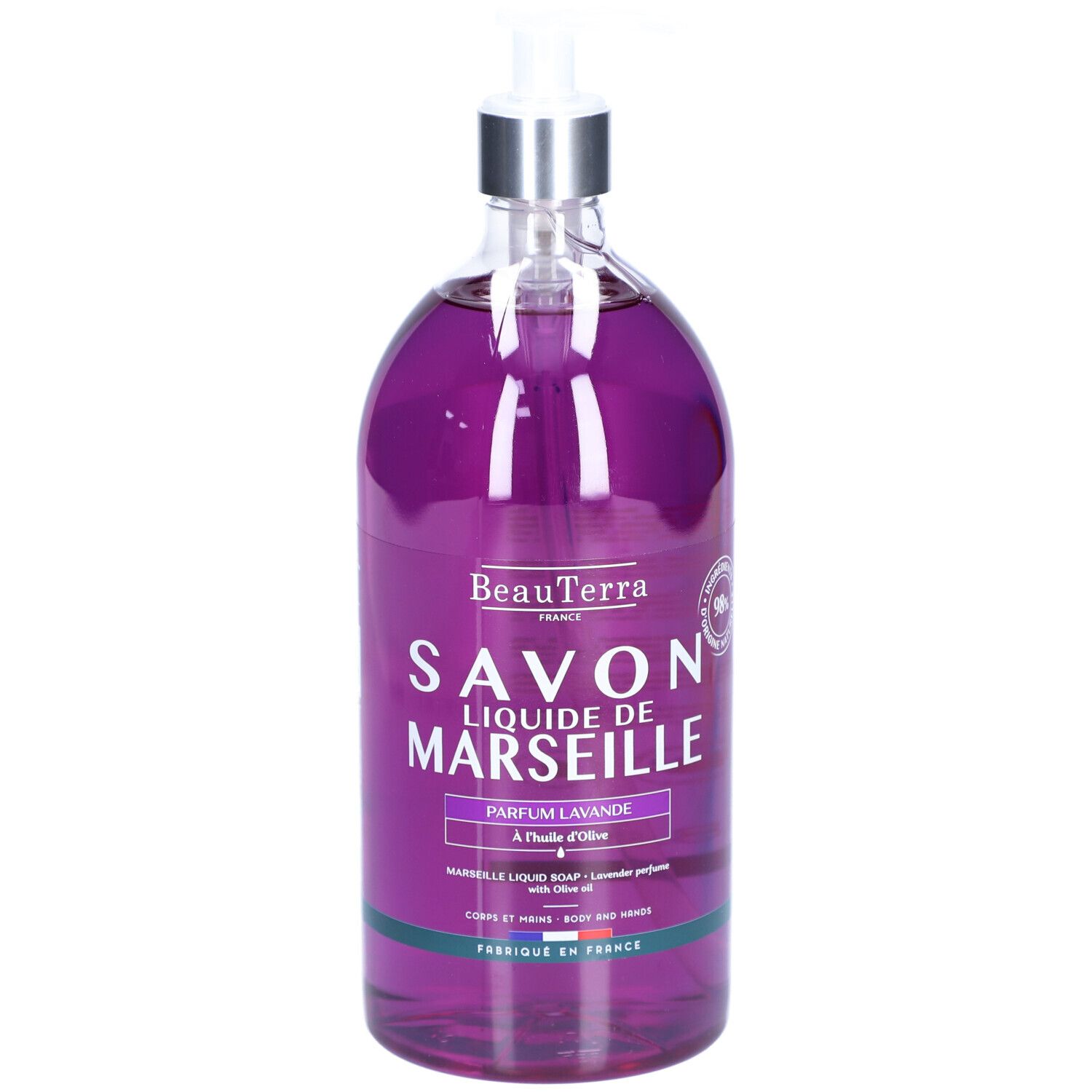 Fles vloeibare zeep. Paarse vloeistof, zilveren pomp. Tekst: Savon Liquide de Marseille, Parfum Lavande.