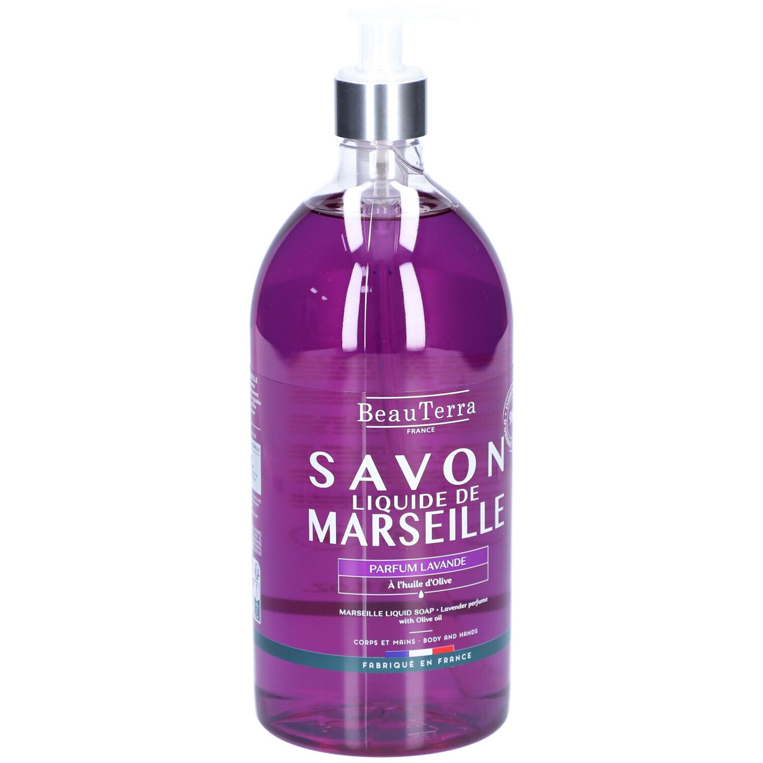 Fles vloeibare zeep. Paarse vloeistof, zilveren pomp. Tekst: Savon Liquide de Marseille, Parfum Lavande.