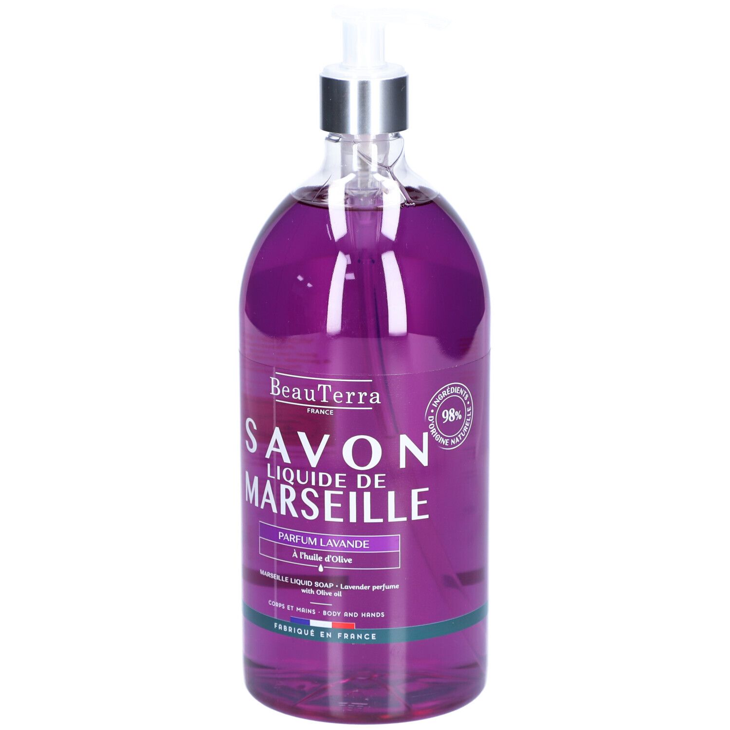 Fles vloeibare zeep. Paarse vloeistof, zilveren pomp. Tekst: Savon Liquide de Marseille, 98% natuurlijke ingrediënten.