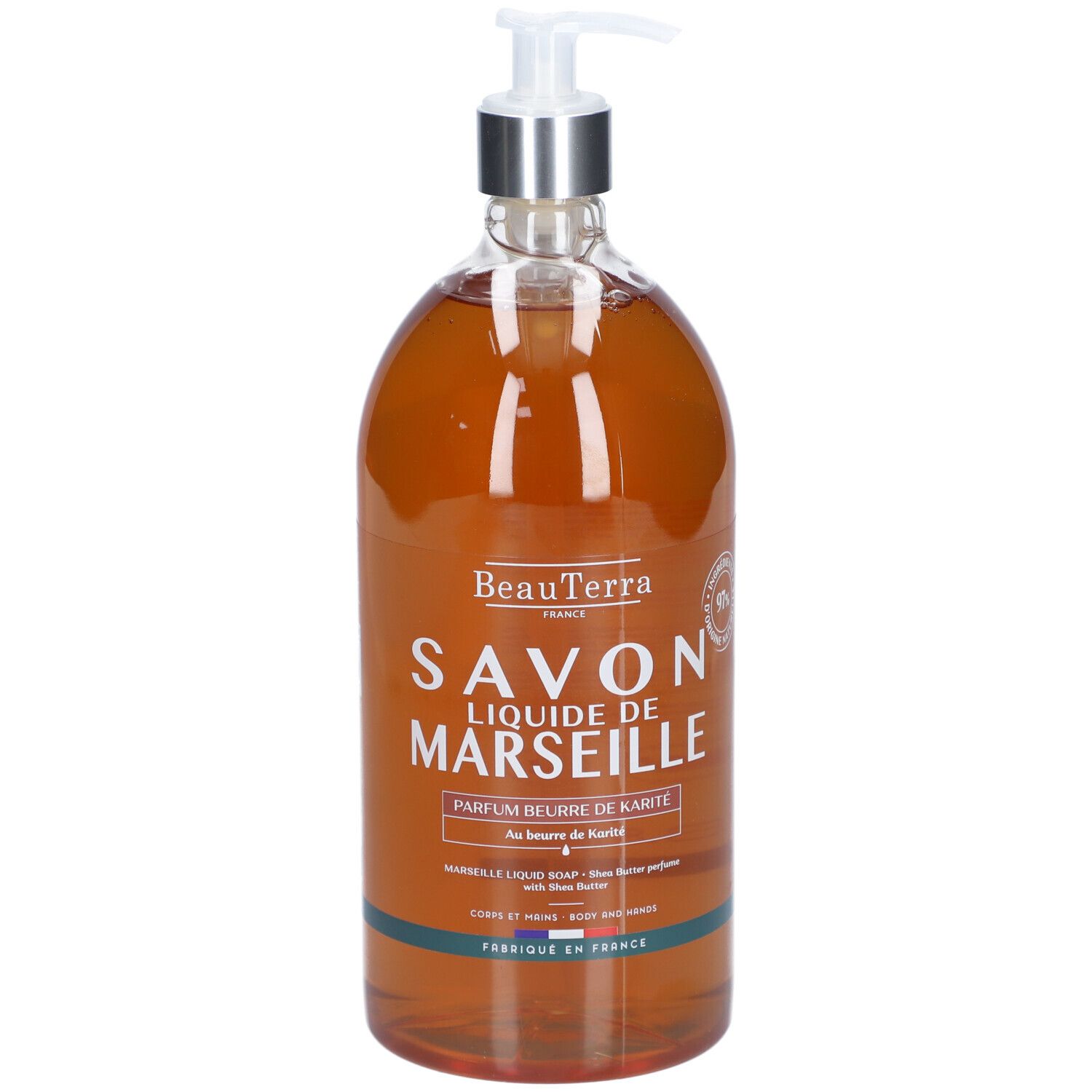Flacon transparent de savon liquide. Inscription: Savon Liquide de Marseille, Parfum beurre de Karité. Avec pompe.