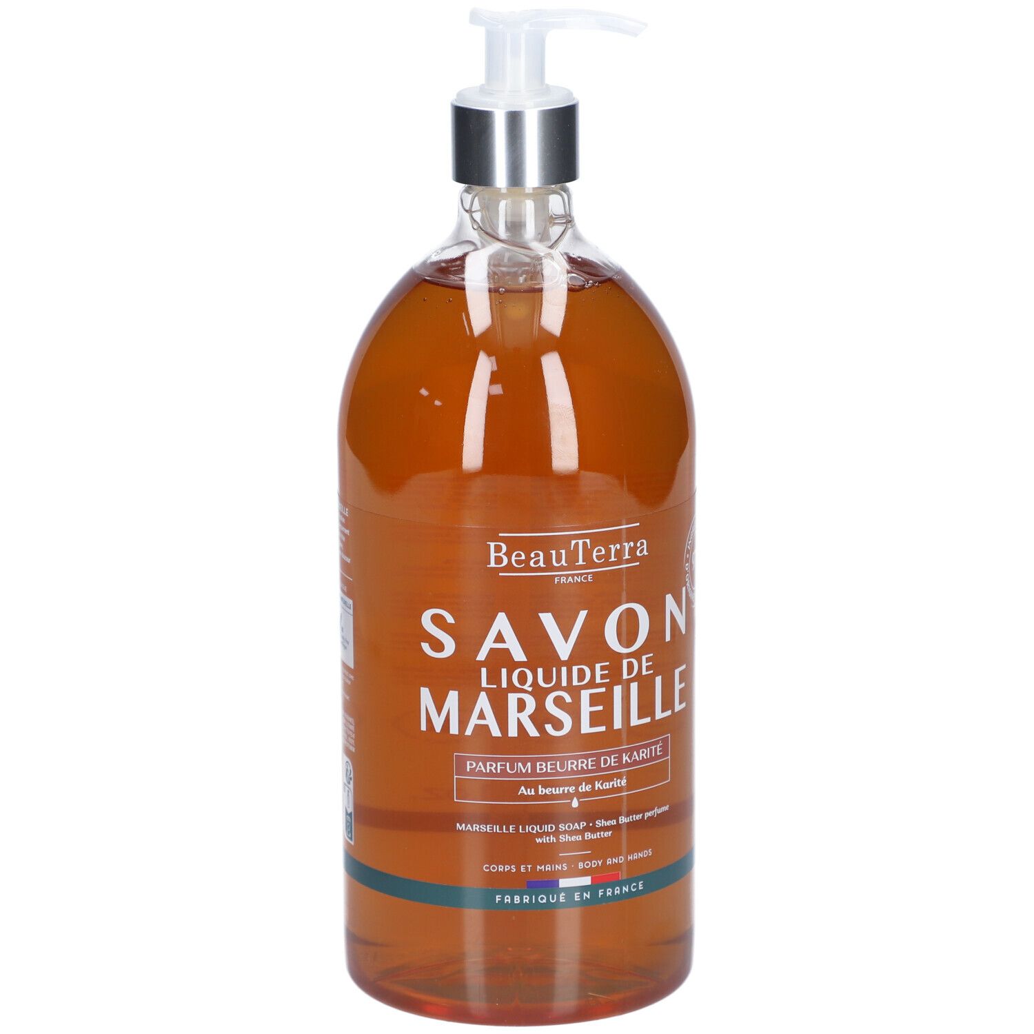Flacon transparent de savon liquide. Inscription: Savon Liquide de Marseille, Parfum beurre de Karité. Avec pompe.