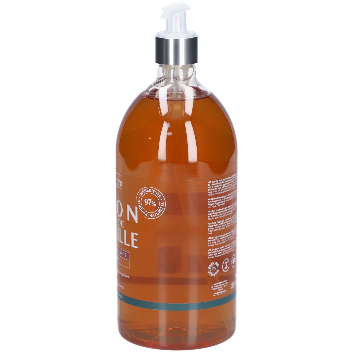 Dos du flacon de savon. Inscription: Savon Liquide de Marseille. 97% ingrédients d'origine naturelle. Avec logos.