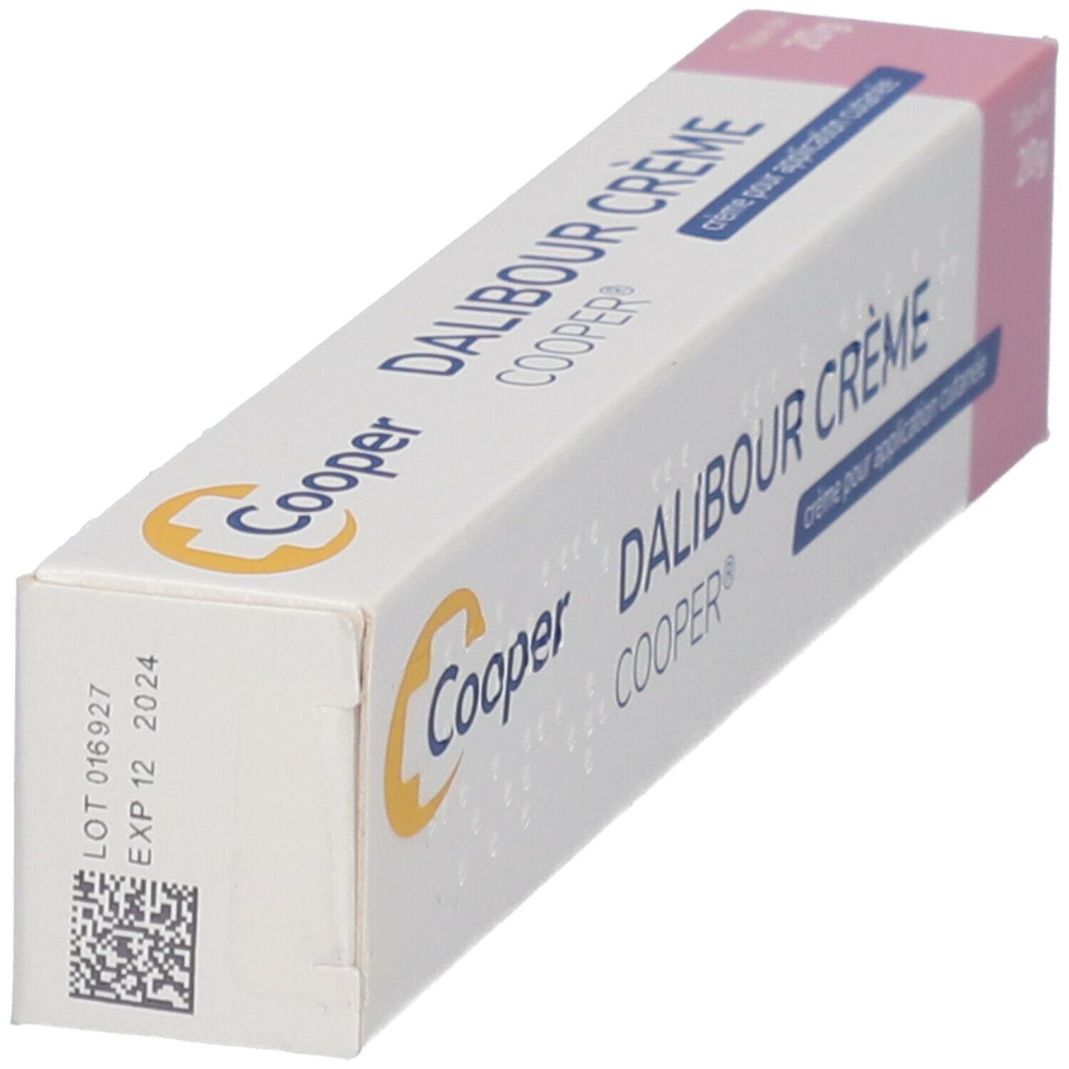 Boîte blanche DALIBOUR CRÈME Cooper. Inscription: Crème pour application cutanée. Impression: LOT et date d'expiration.