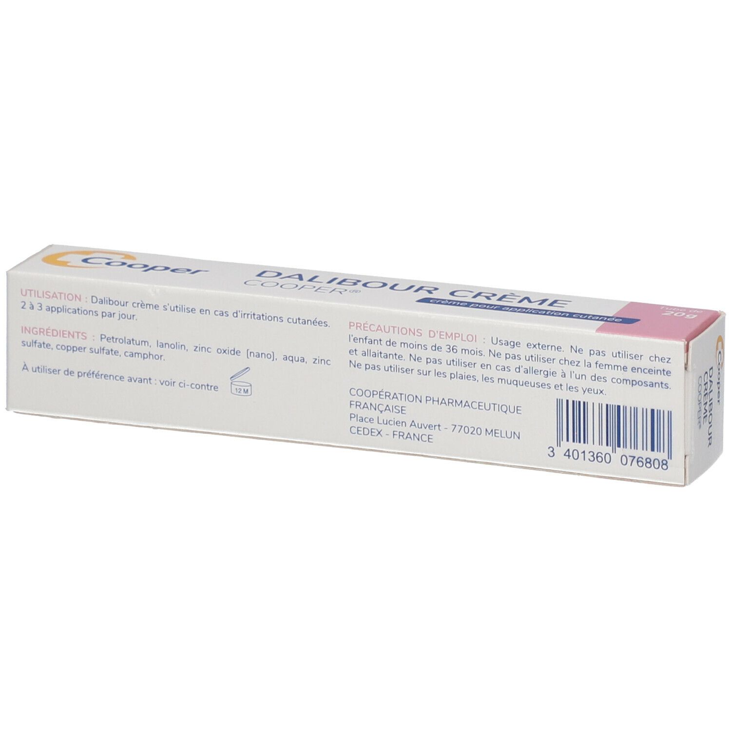 Dos de la boîte DALIBOUR CRÈME. Texte: ingrédients, mode d'emploi, précautions, adresse du fabricant.