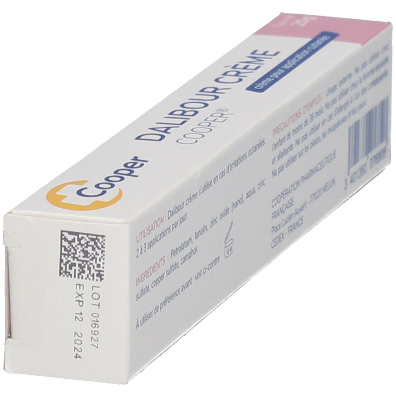 Boîte DALIBOUR CRÈME. Texte: ingrédients, mode d'emploi, précautions, adresse du fabricant. LOT et date d'expiration.