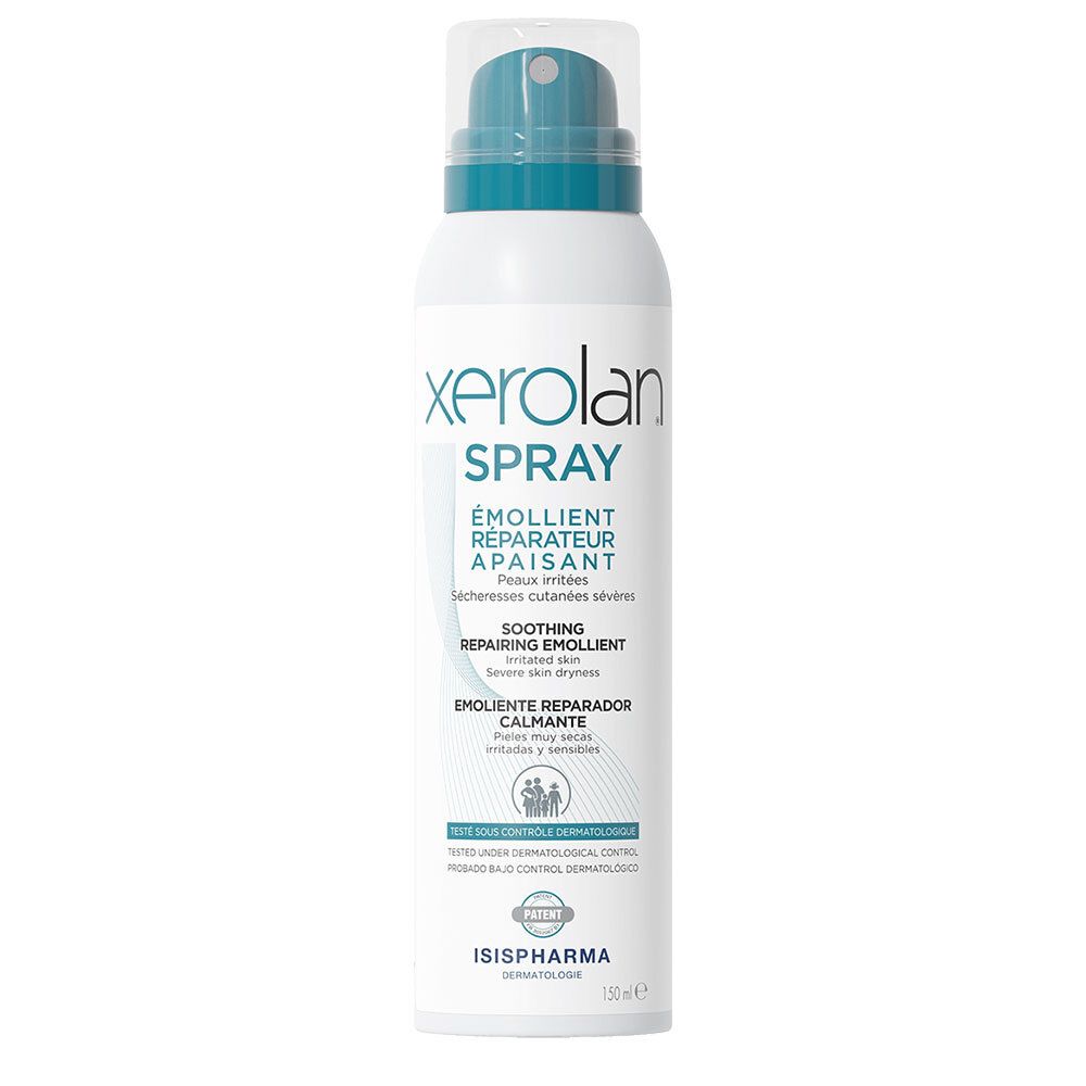 Weiß-blaue Sprayflasche. Text: Xerolan Spray, Emollient, Réparateur, Apaisant. ISISPHARMA Logo. Patent.