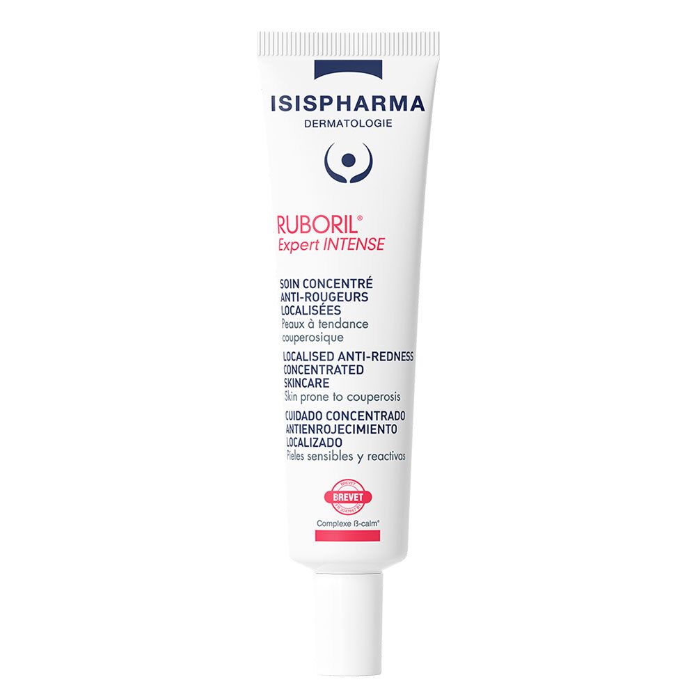 Weiße Tube mit ISISPHARMA-Logo und Produktnamen Ruboril Expert Intense. Text in mehreren Sprachen. Roter Akzent.