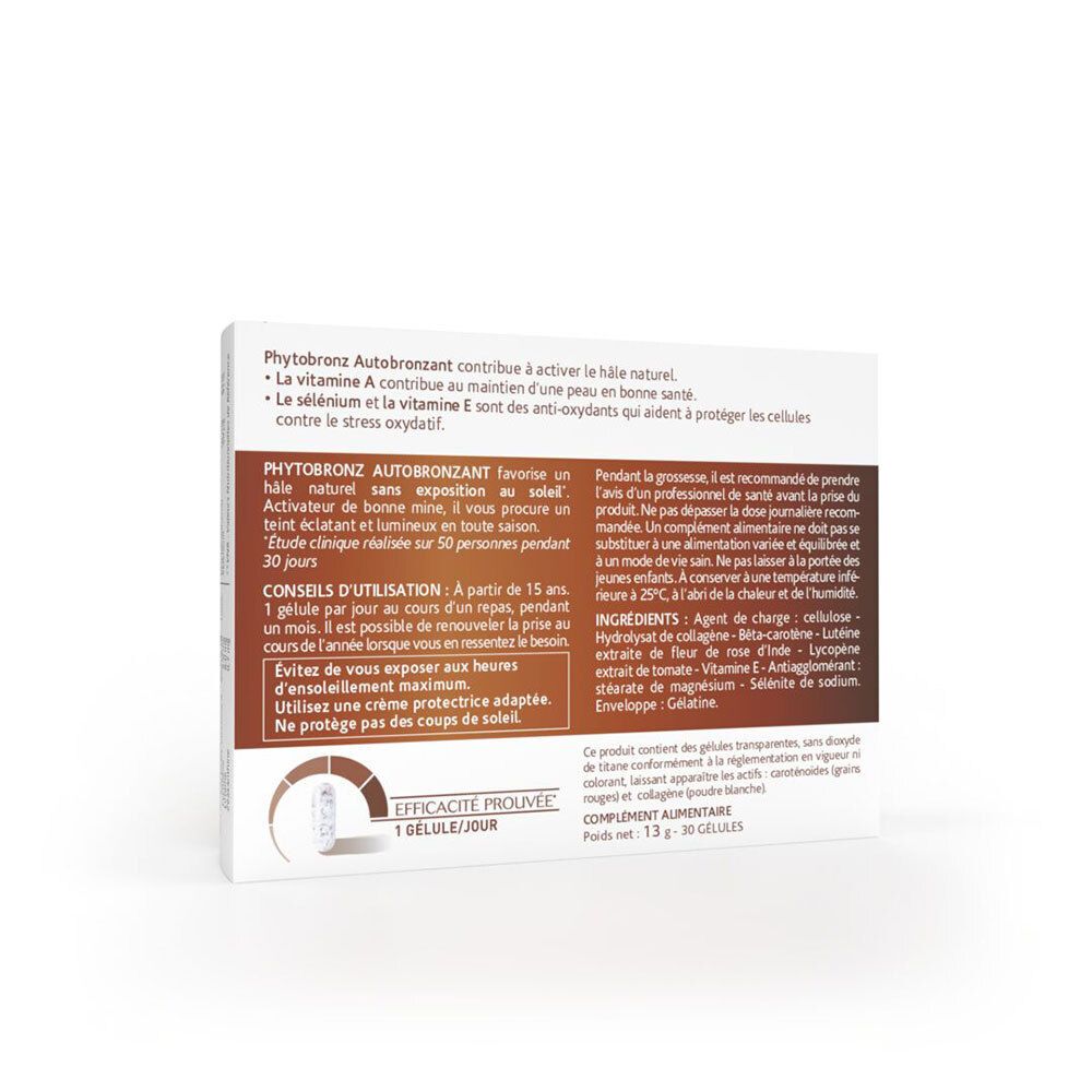 Dos de la boîte avec informations sur Arkopharma PHYTOBRONZ AUTOBRONZANT. Texte en français.