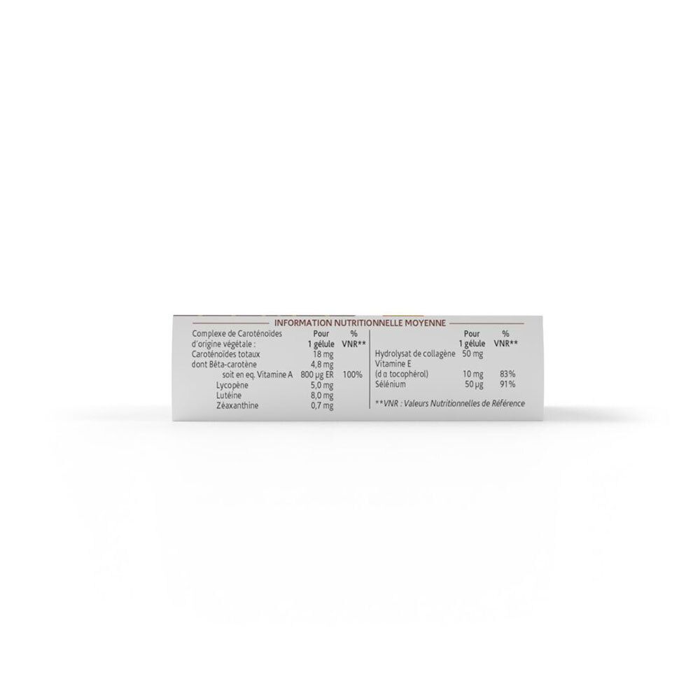 Tableau nutritionnel sur la boîte Arkopharma PHYTOBRONZ AUTOBRONZANT. Informations en français.
