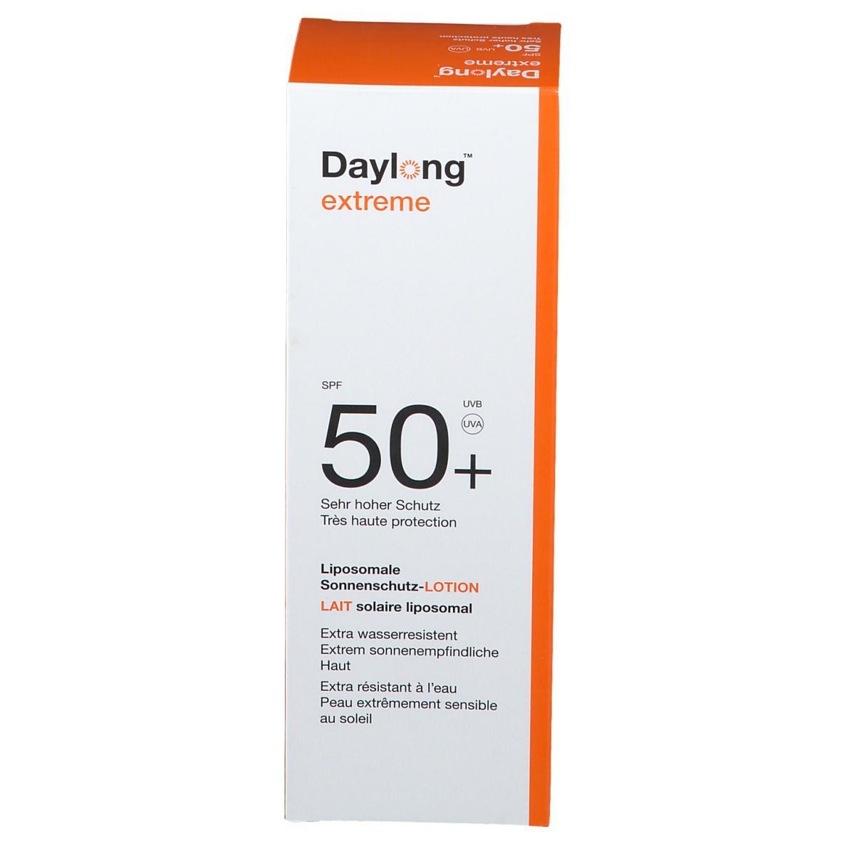 Emballage en carton. Inscription: Daylong extreme, SPF 50+, lait solaire liposomial. Orange et blanc.