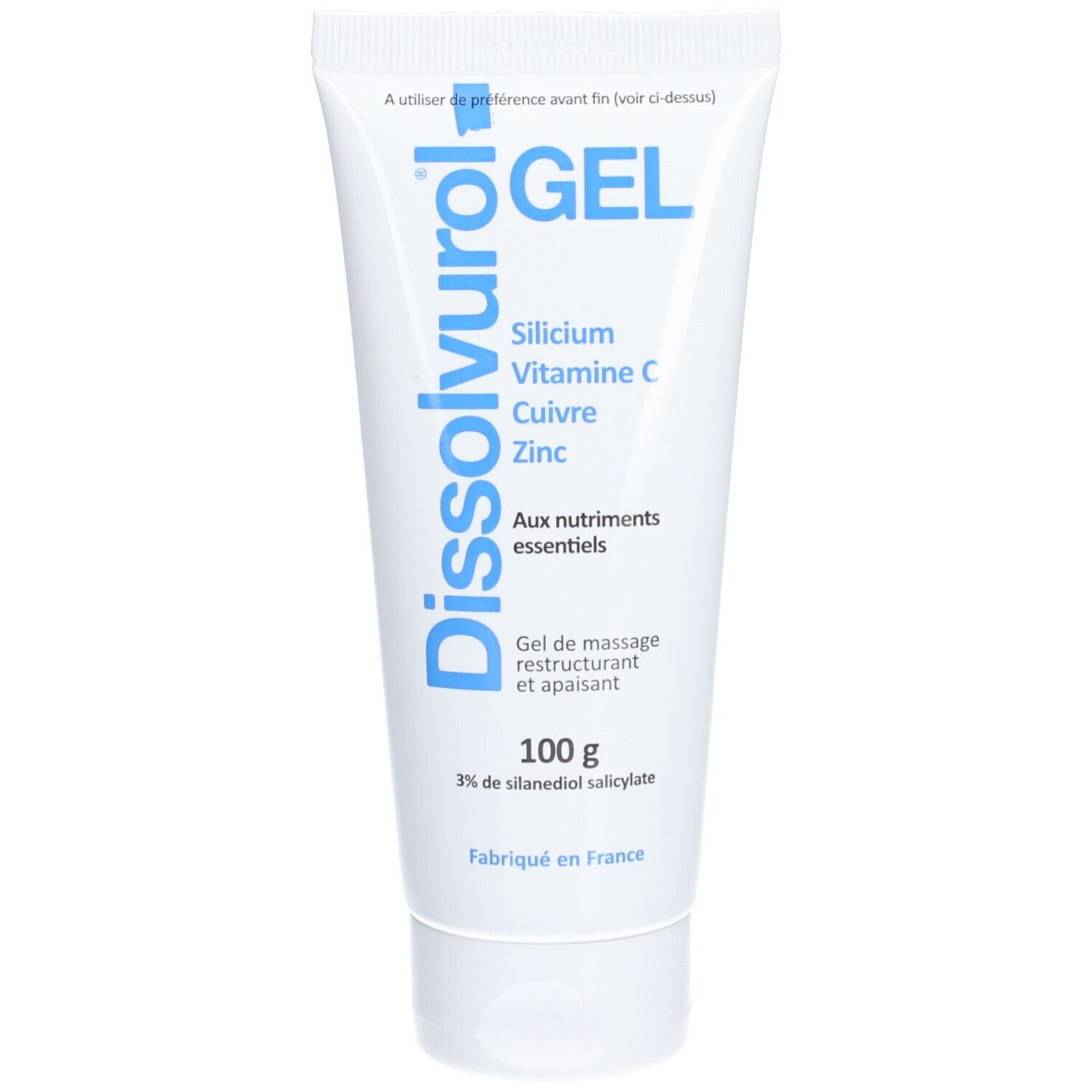 Tube blanc avec impression bleue. Contient Silicium, Vitamine C, Cuivre, Zinc. Texte: Gel de massage restructurant et apaisant.