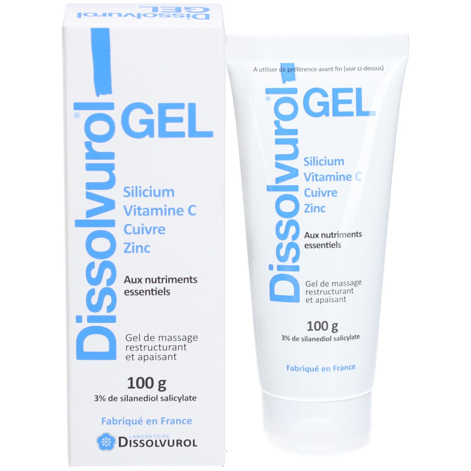 Emballage du produit avec tube et boîte. Les deux blancs avec impression bleue. Contient Gel avec Silicium, Vitamine C, Cuivre, Zinc.