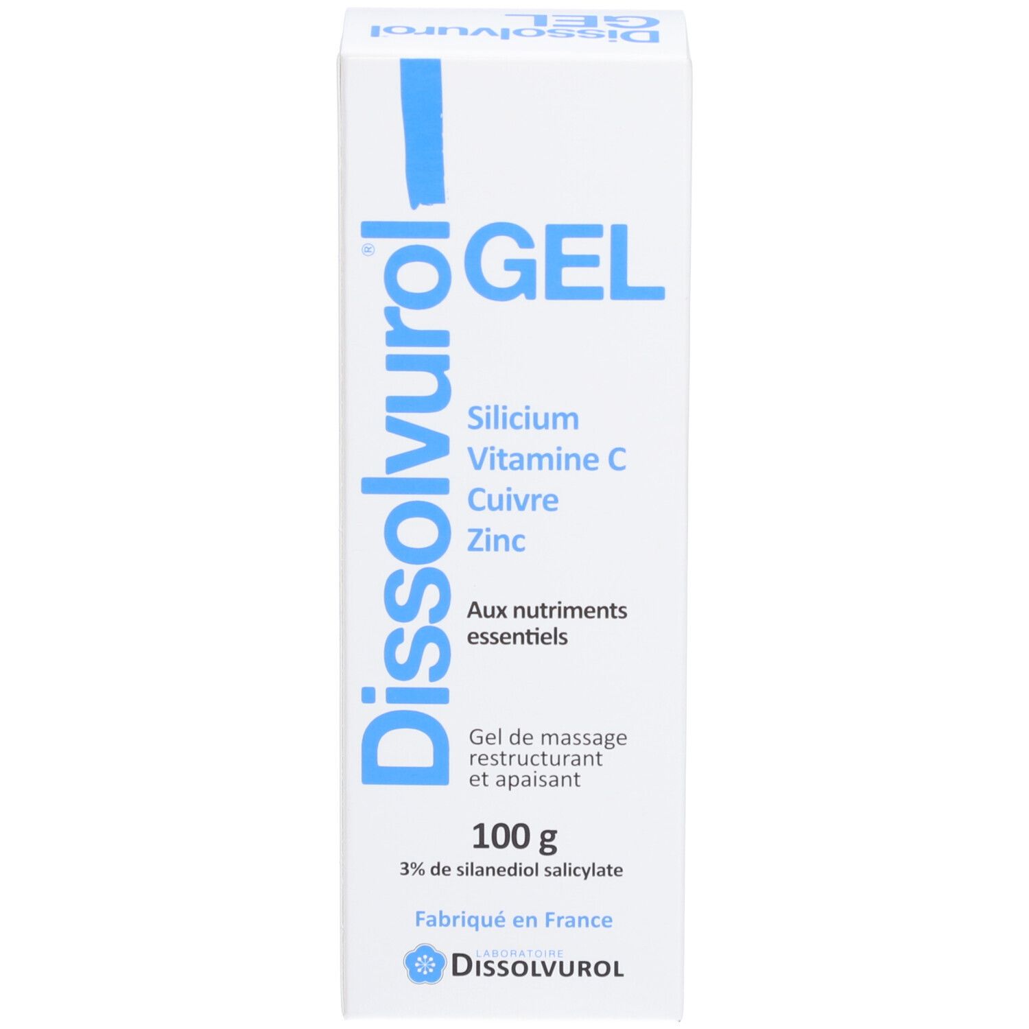 Boîte blanche avec impression bleue. Contient des informations sur le silicium, la vitamine C, le cuivre, le zinc. Texte: Gel de massage.