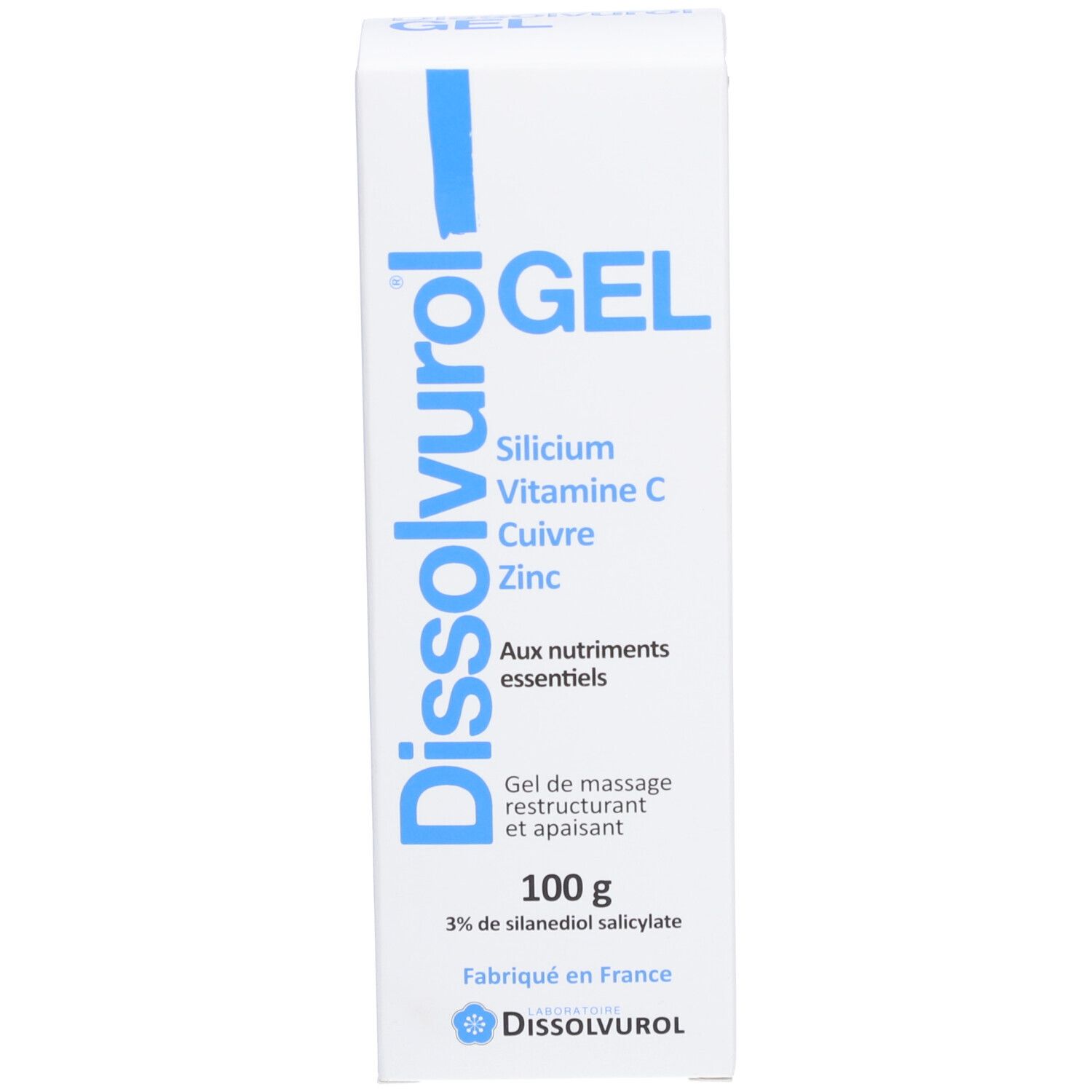 Boîte blanche avec impression bleue. Contient des informations sur le silicium, la vitamine C, le cuivre, le zinc. Texte: Gel de massage.