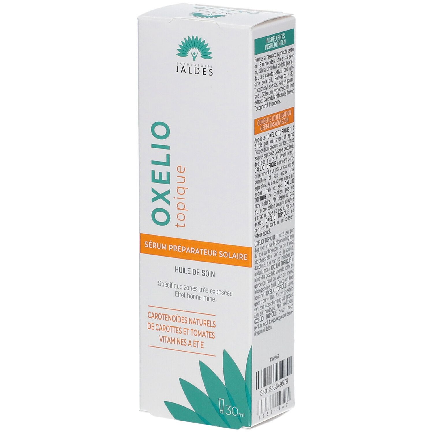 Boîte blanche avec texte vert et orange. Inscription : OXELIO topique, Sérum préparateur solaire, Huile de soin. Logo Jaldes.