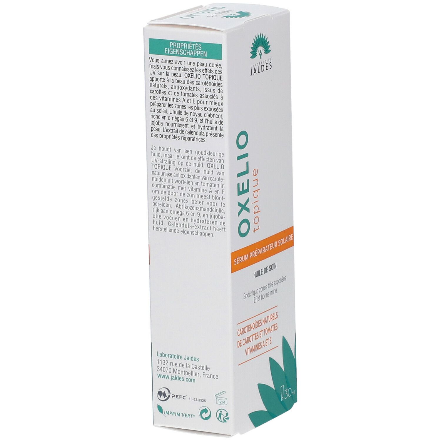 Boîte blanche avec texte vert et orange. Inscription : OXELIO topique, Sérum préparateur solaire, Huile de soin. Logo Jaldes. Certification PEFC.