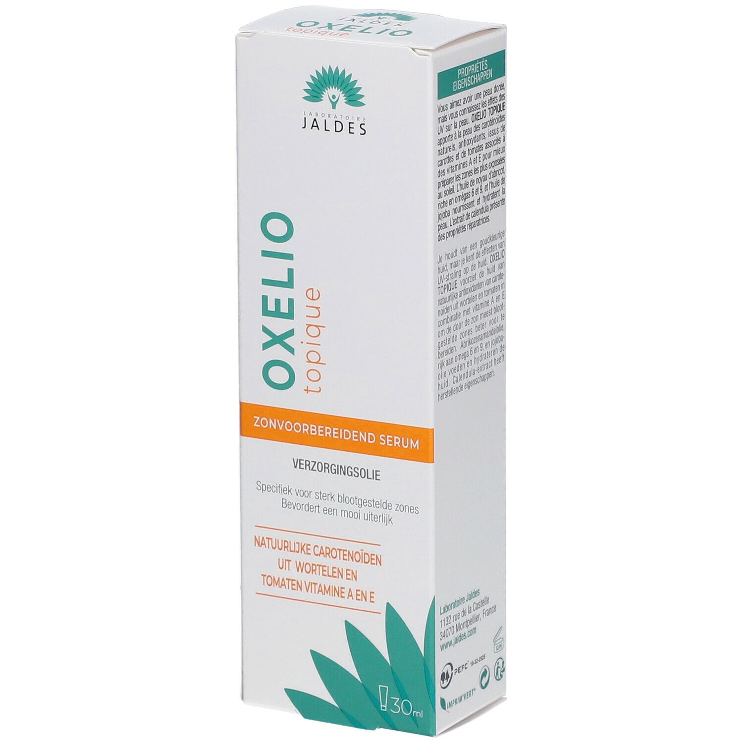 Boîte blanche avec texte vert et orange. Inscription : OXELIO topique, Sérum préparateur solaire, Huile de soin. Logo Jaldes.