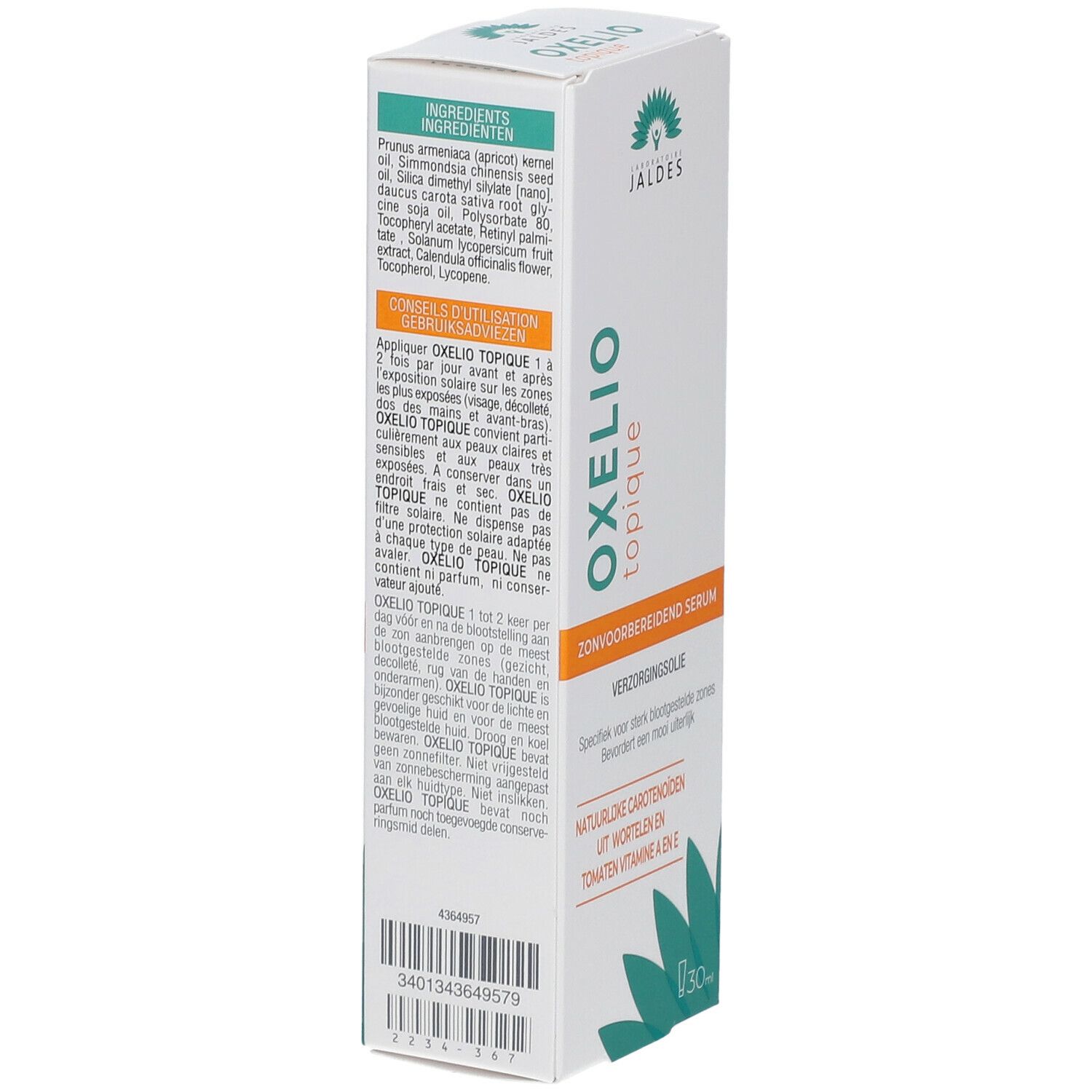 Boîte blanche avec texte vert et orange. Inscription : OXELIO topique, Sérum préparateur solaire, Huile de soin. Logo Jaldes. Ingrédients et utilisation.