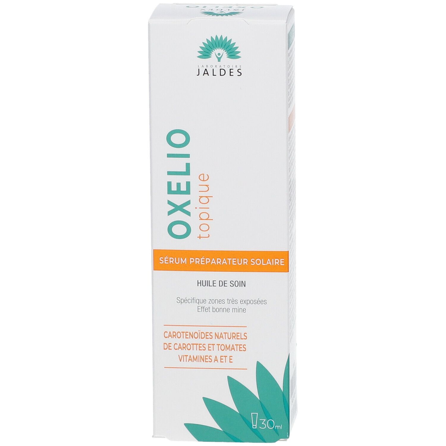 Boîte blanche avec texte vert et orange. Inscription : OXELIO topique, Sérum préparateur solaire, Huile de soin. Logo Jaldes.