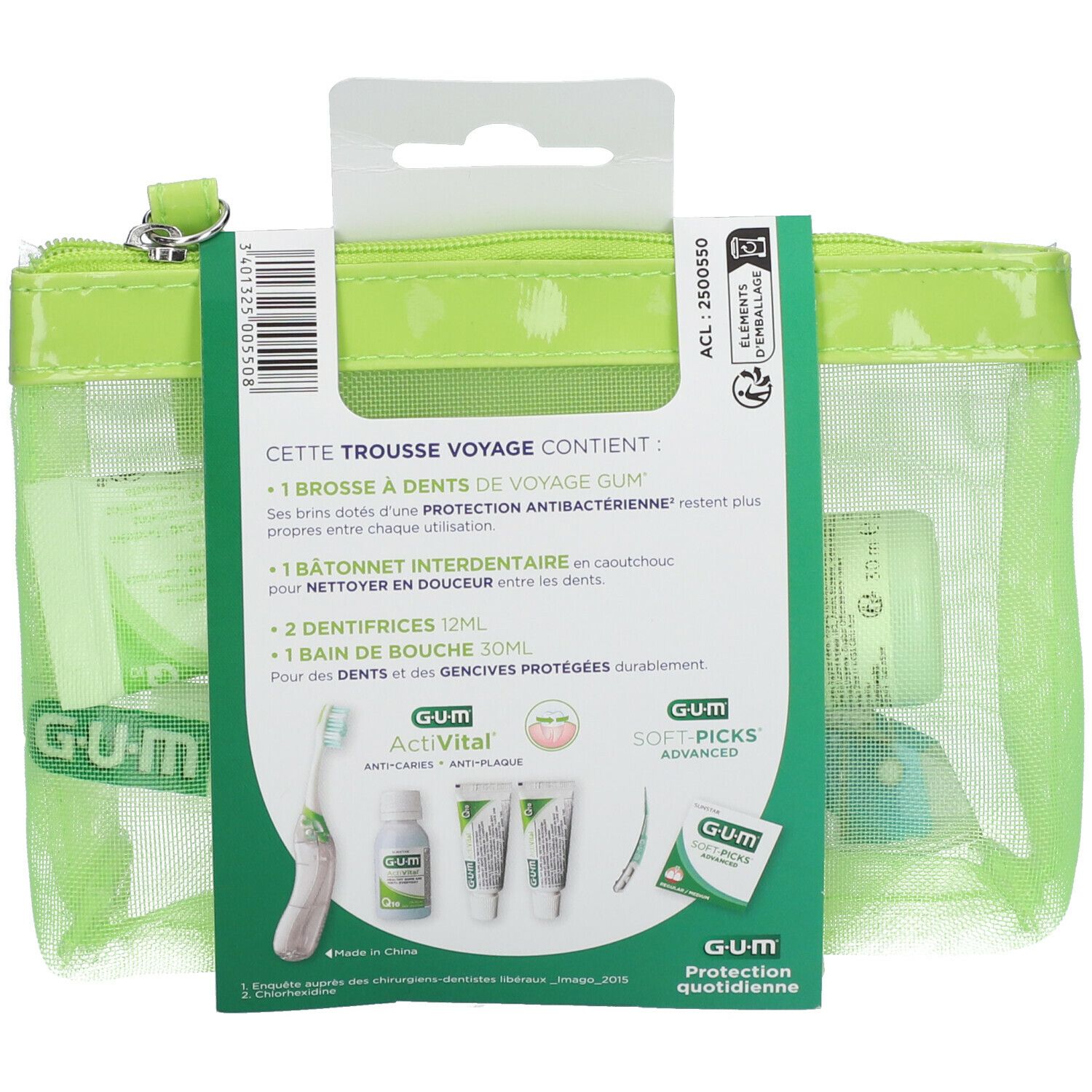 Groene GUM reistandverzorgingset. Bevat tandenborstel, tandenstokers, tandpasta en mondspoeling. Opschrift: Protection quotidienne.