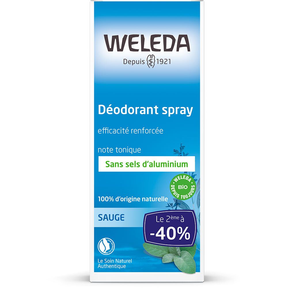 WELEDA Deodorant Spray, Verpackung. Aufschrift: Sans sels d'aluminium, Sauge, Bio-Siegel, -40%.