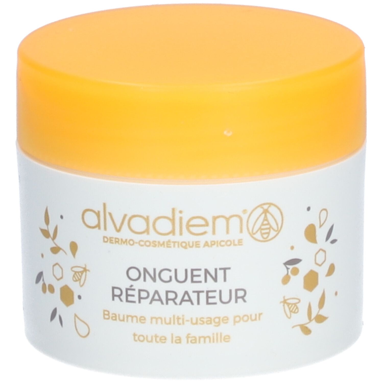 Pot de crème avec couvercle jaune. Inscription : Alvadiem, Onguent Réparateur. Pot blanc avec décorations florales.