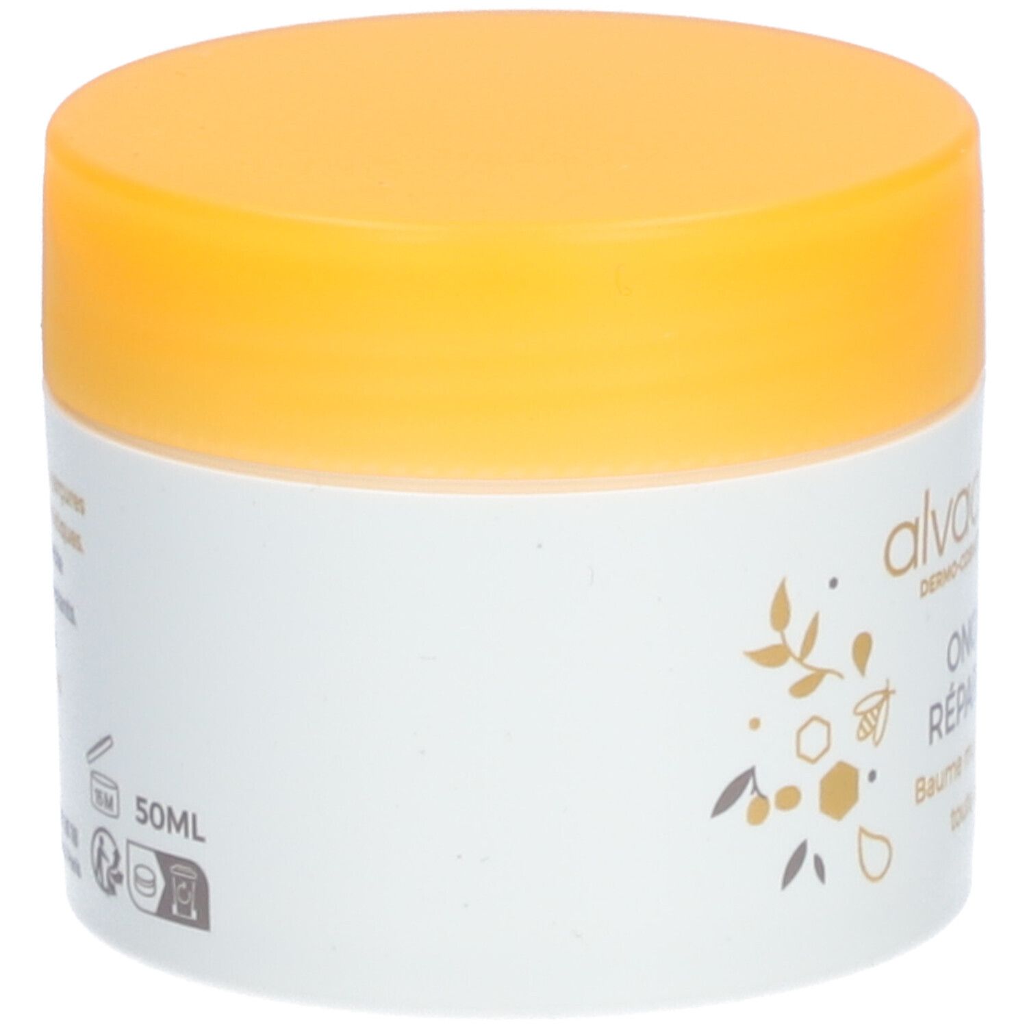 Pot de crème, blanc avec couvercle jaune. Inscription : Alvadiem, Onguent Réparateur. Vue latérale avec éléments floraux.
