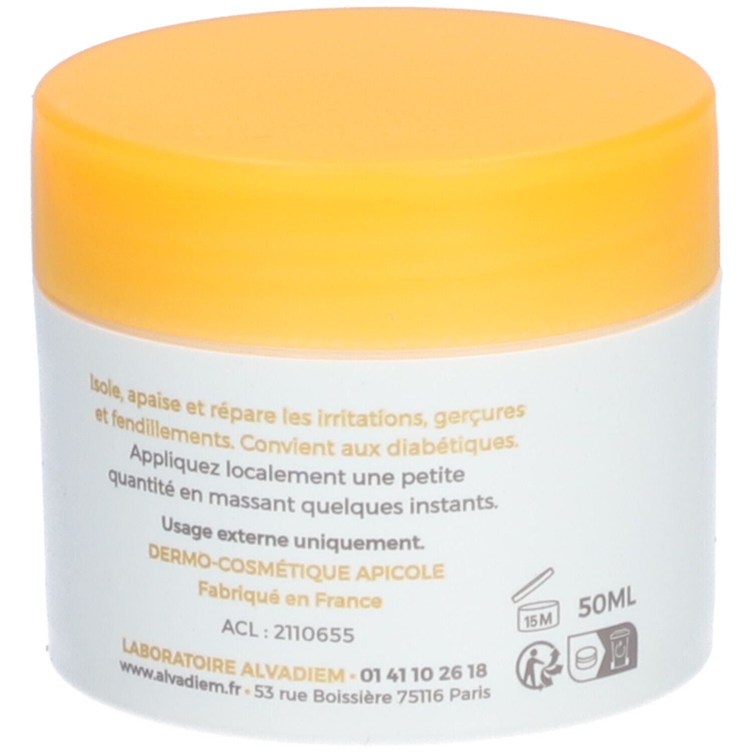 Pot de crème, blanc avec couvercle jaune. Inscription : Alvadiem, Onguent Réparateur. Dos avec texte et indication 50ml.