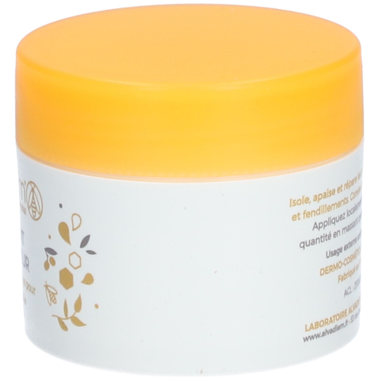 Pot de crème, blanc avec couvercle jaune. Inscription : Alvadiem, Onguent Réparateur. Vue latérale avec texte.
