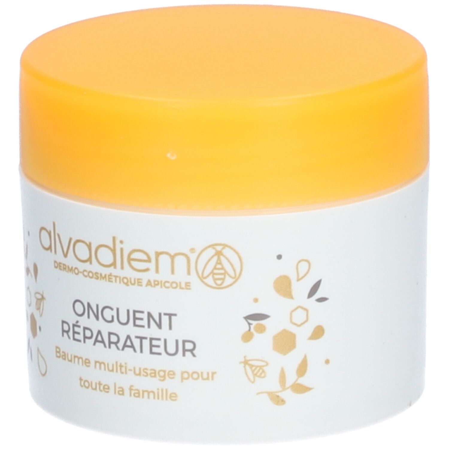 Pot de crème avec couvercle jaune. Inscription : Alvadiem, Onguent Réparateur. Pot blanc avec décorations florales.