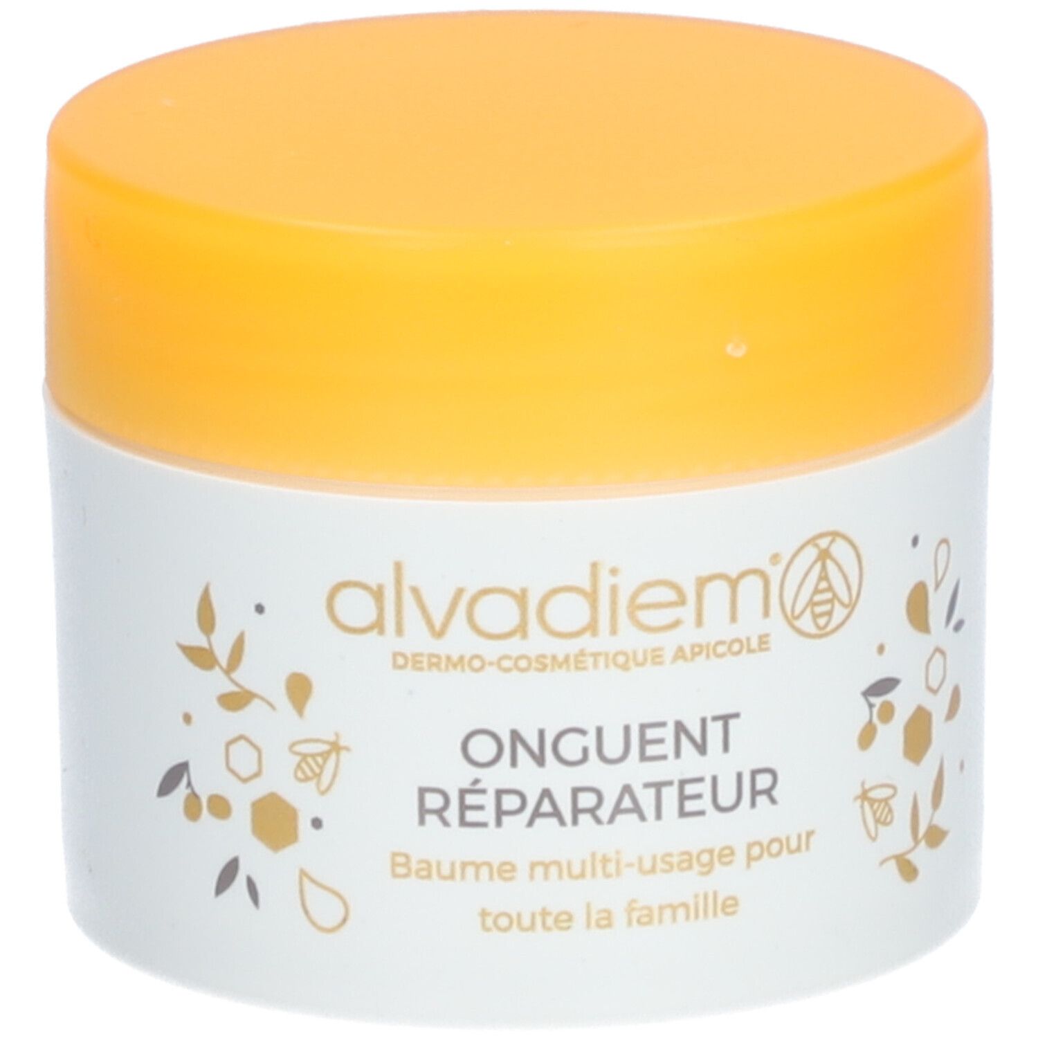 Pot de crème avec couvercle jaune. Inscription : Alvadiem, Onguent Réparateur. Pot blanc avec décorations florales.