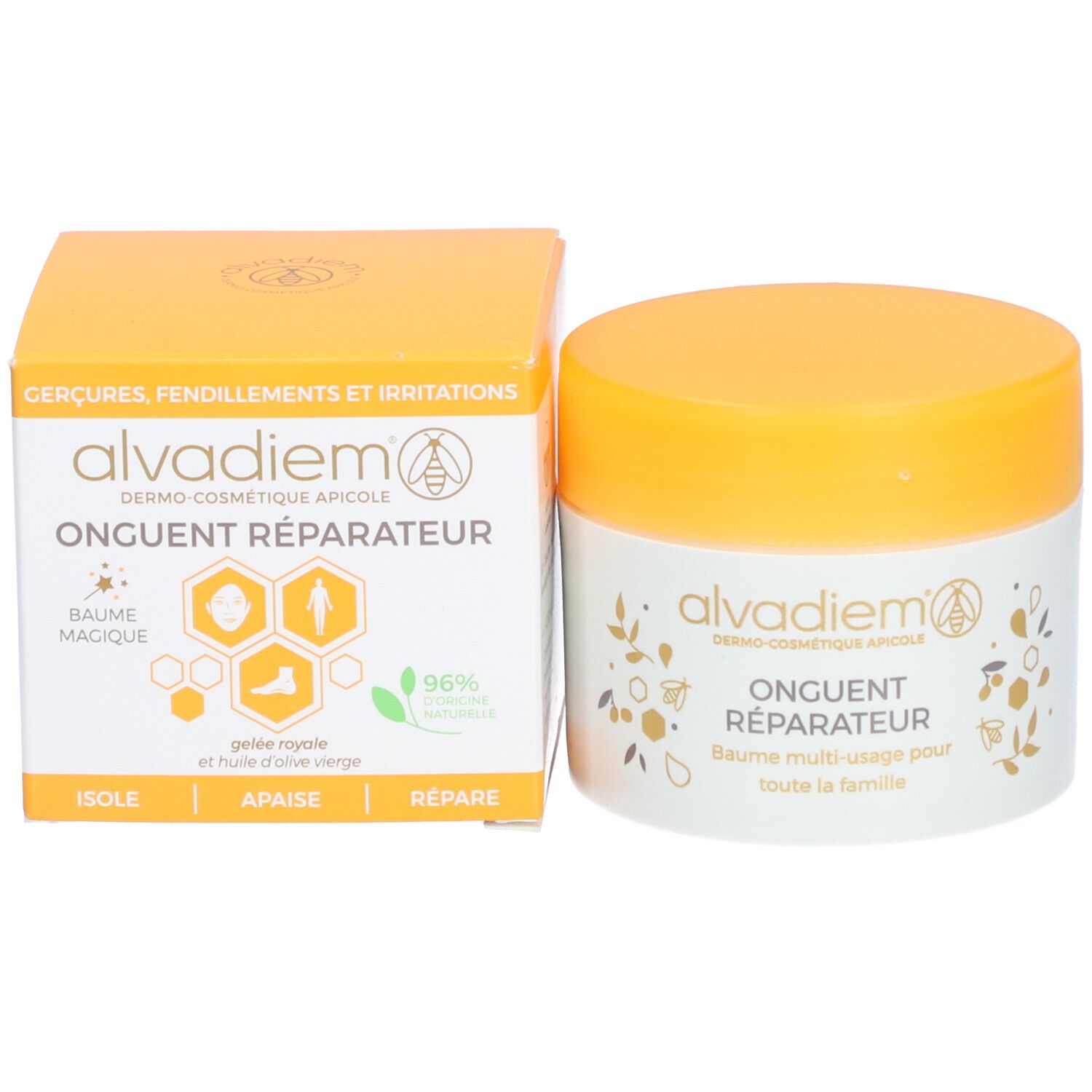 Emballage du produit et pot de crème. Inscription : Alvadiem, Onguent Réparateur. Pot et boîte avec texte et logo.