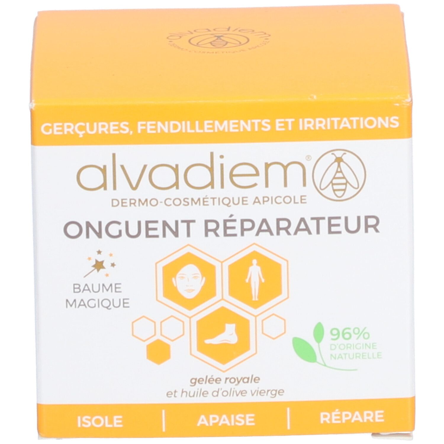 Emballage du produit. Inscription : Alvadiem, Onguent Réparateur. Boîte avec texte, logo et illustrations.