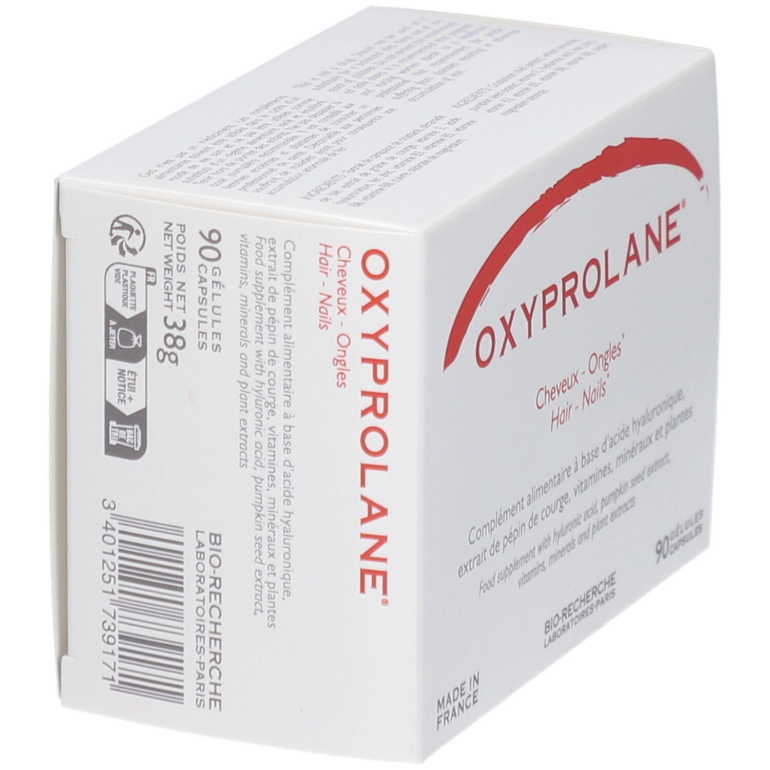 Boîte blanche en biais. "OXYPROLANE" et "Cheveux - Ongles - Hair - Nails" en rouge. 90 gélules.