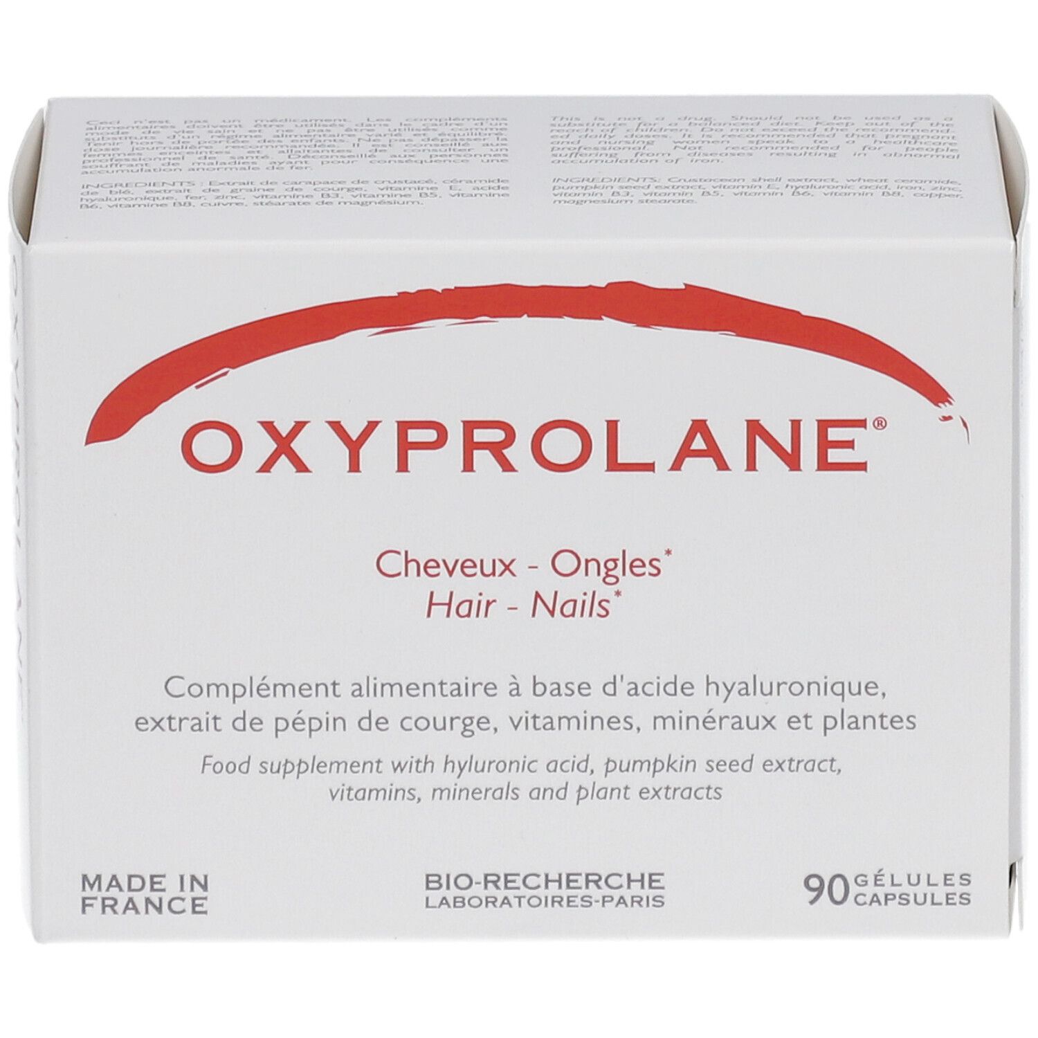 Boîte blanche avec arc rouge et texte. "OXYPROLANE" et "Cheveux - Ongles - Hair - Nails" sont visibles. 90 gélules.