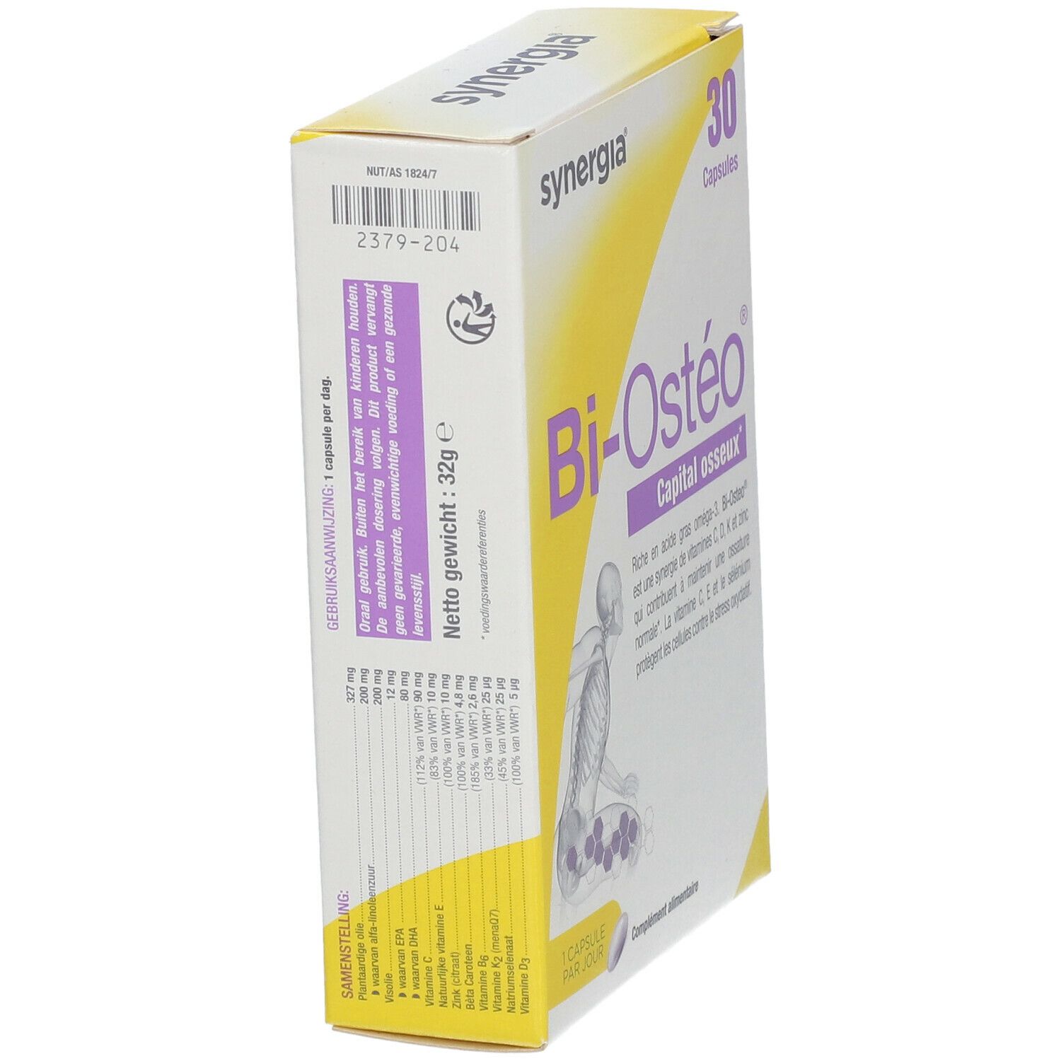 Boîte Bi-Ostéo, 30 capsules. Inscription: synergia. Vue détaillée des ingrédients et des valeurs nutritionnelles.